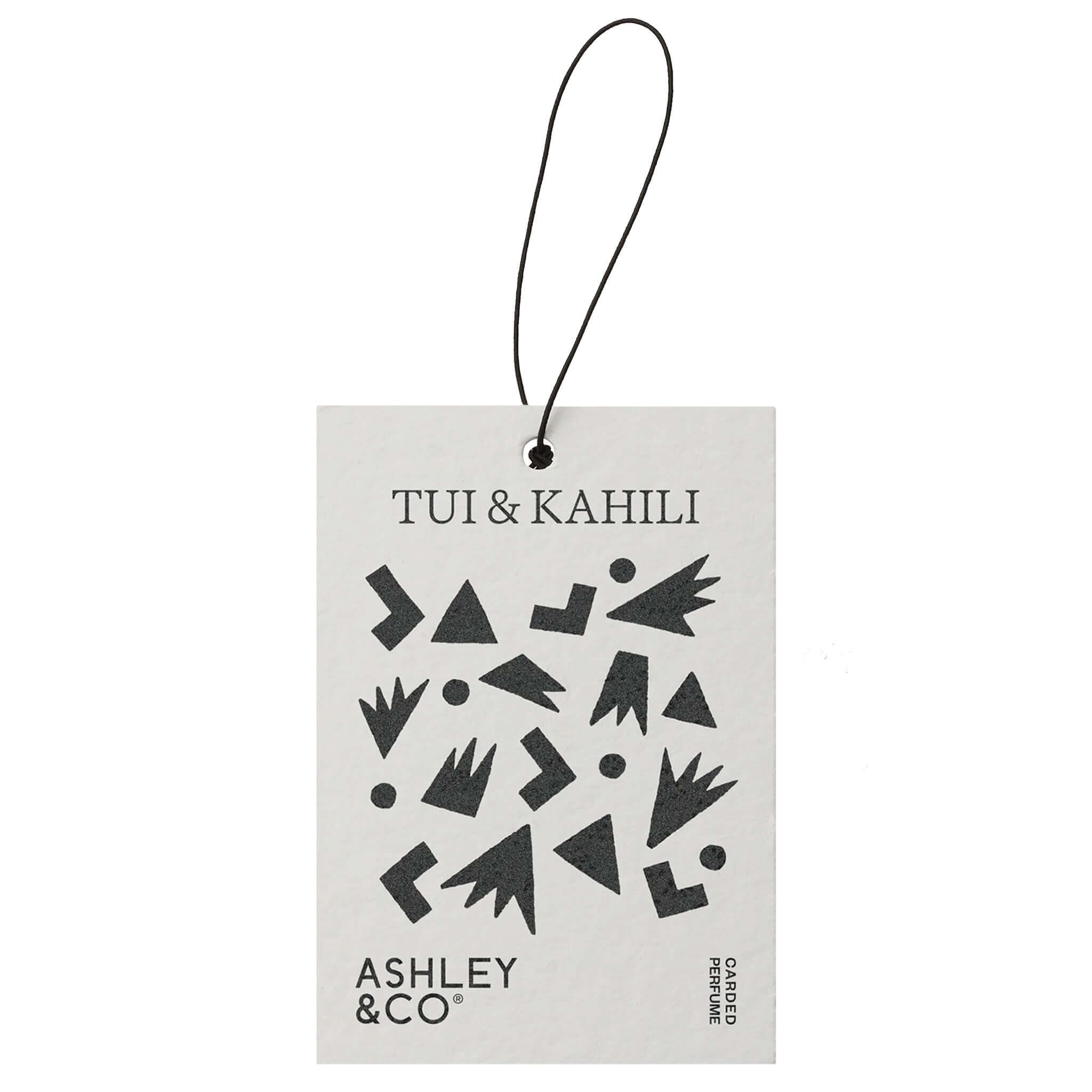 Alt Tag: Ashley & Co Carded Perfume Air Freshener - Tui & Kahili carded perfume air freshener tag with hanging cord
