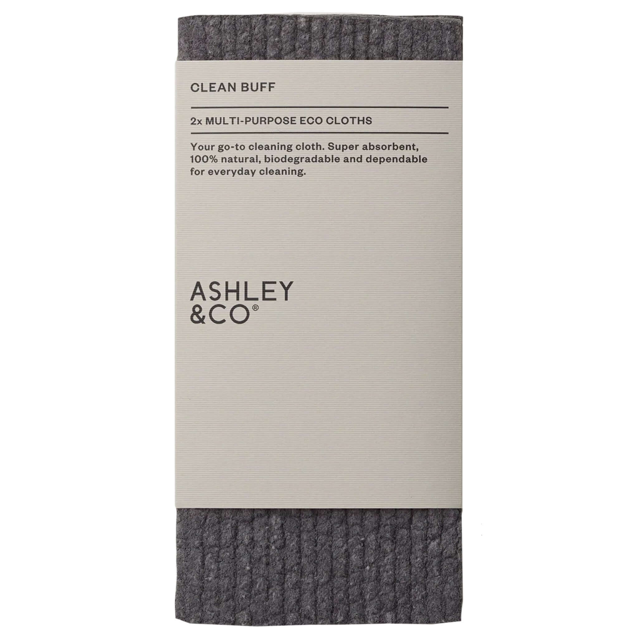 Ashley & Co Clean Buff Cloths - Smoky Rye packaging, eco-friendly multi-purpose cleaning cloths, 100% natural and biodegradable.