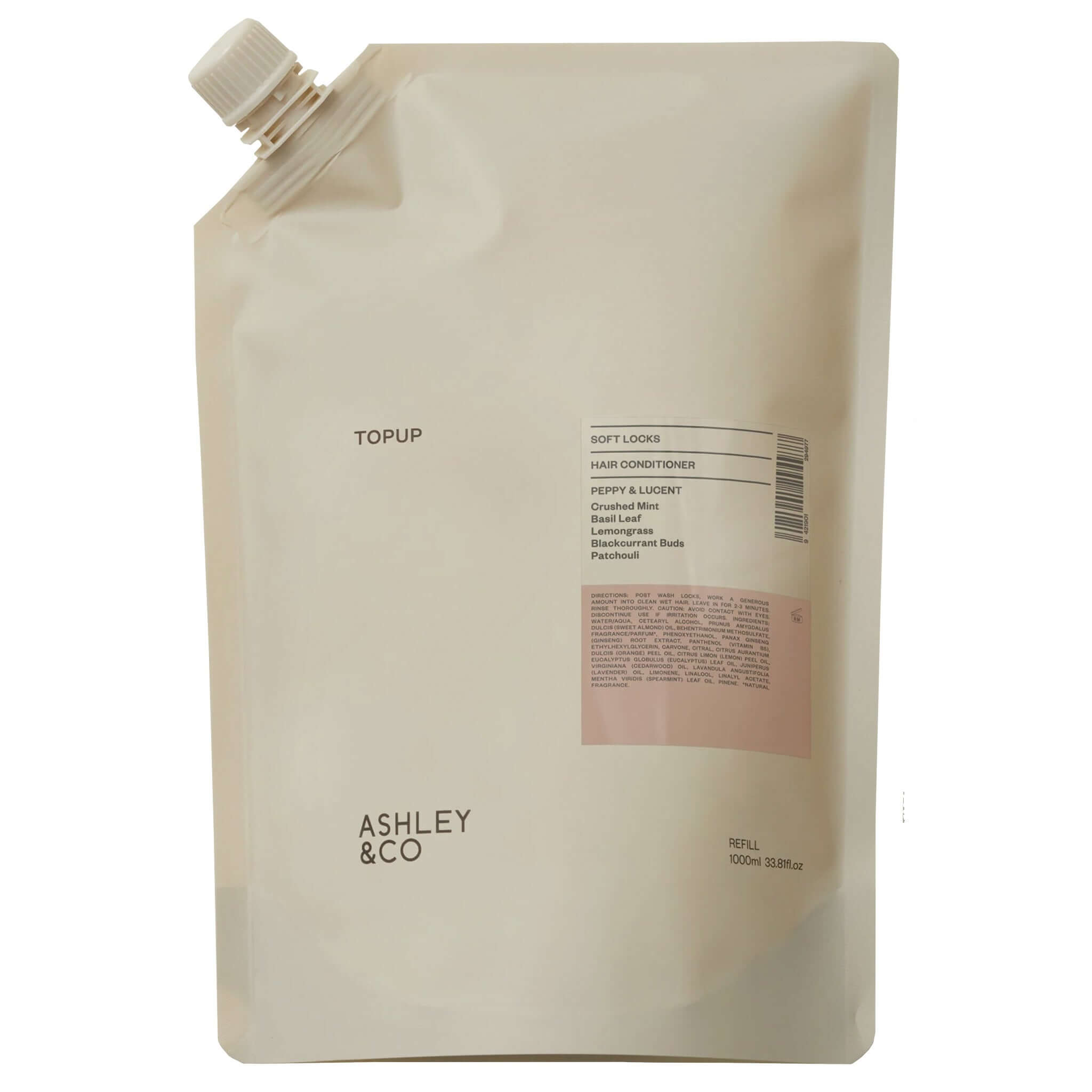 Ashley & Co Topup Soft Locks Hair Conditioner - Peppy & Lucent pouch with essential oils and nourishing formula.