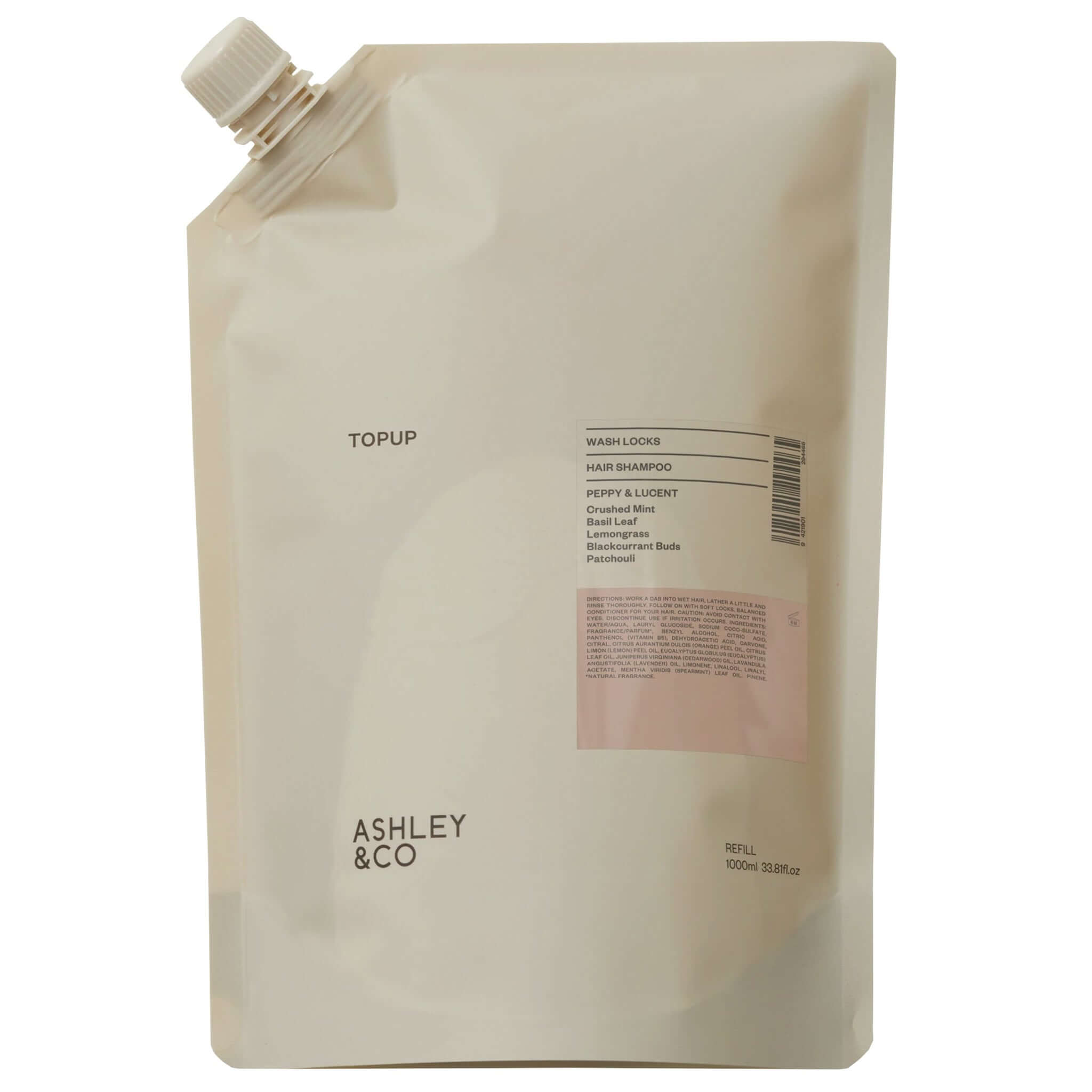 Ashley & Co Topup Wash Locks Hair Shampoo - Peppy & Lucent pouch packaging, perfect for all hair types.