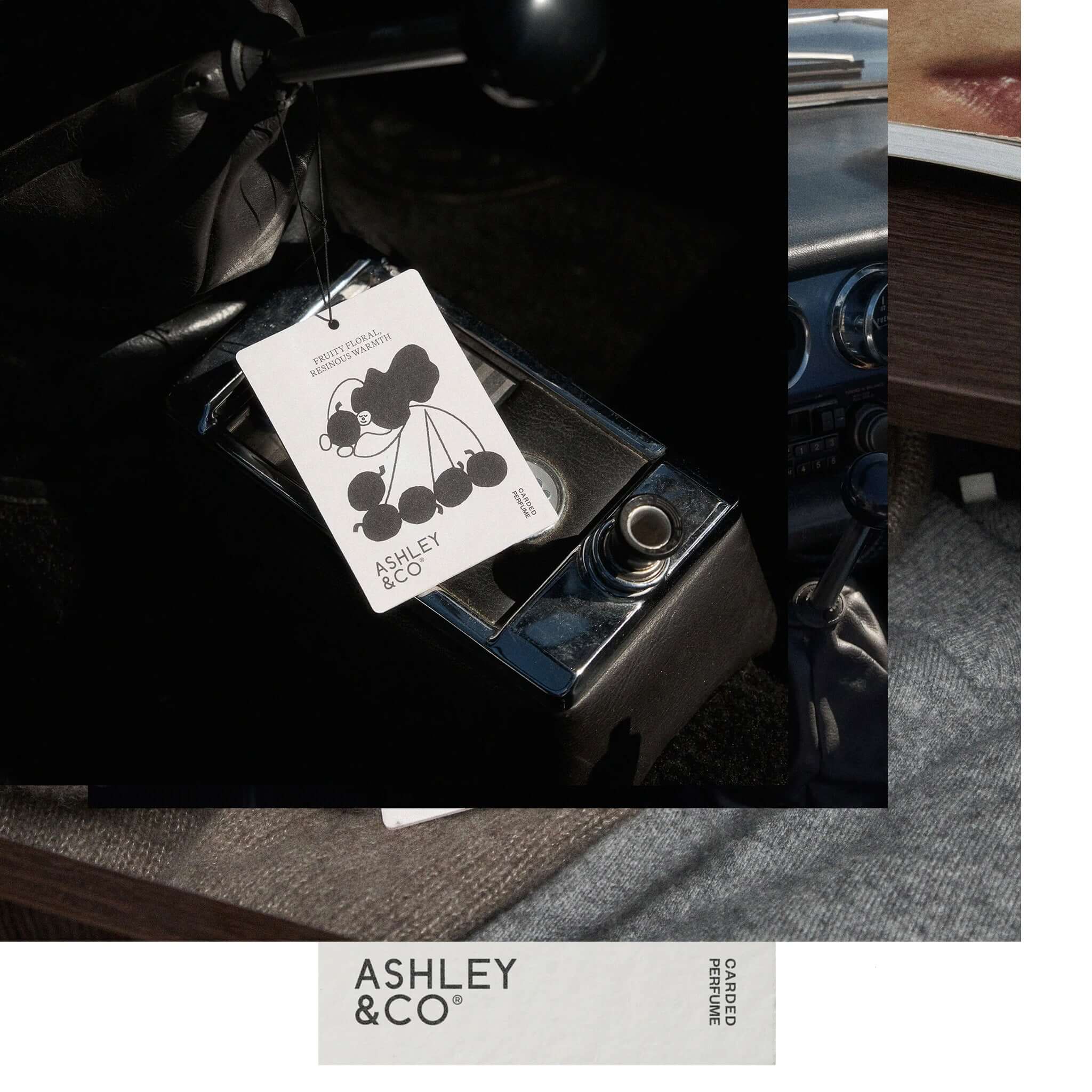 Alt Tag: Ashley & Co Carded Perfume Air Freshener - Bonberry carded perfume in car, portable fruity-floral scented air freshener