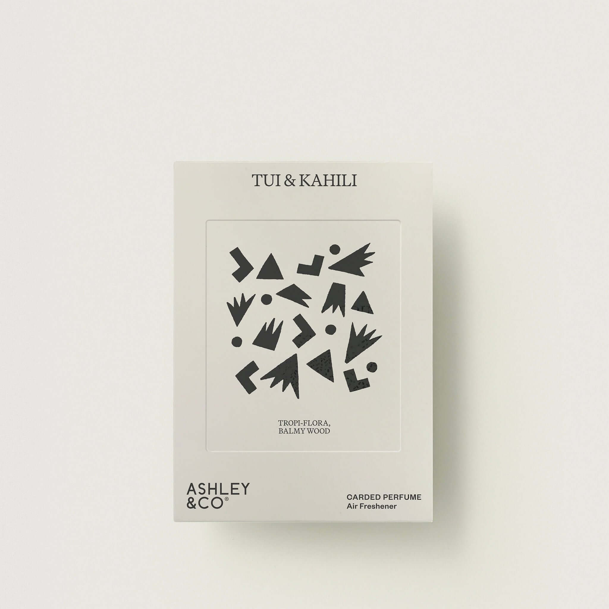 Alt Tag: Ashley & Co Carded Perfume Air Freshener - Tui & Kahili carded perfume air freshener packaging, tropical flora and balmy wood scent