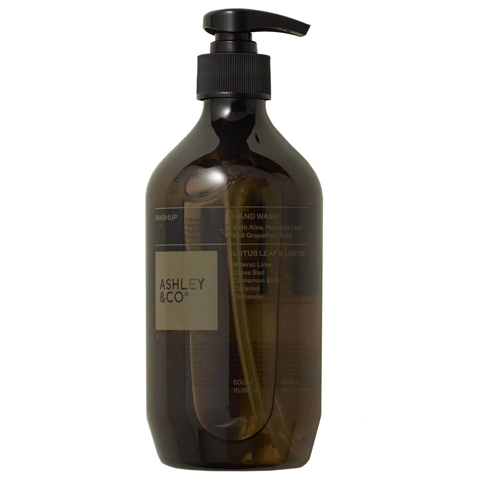 Alt Tag: Ashley & Co WashUp Hand Wash aromatic botanical hand wash pump bottle, pH balanced soap-free with aloe, horopito and grapefruit seed