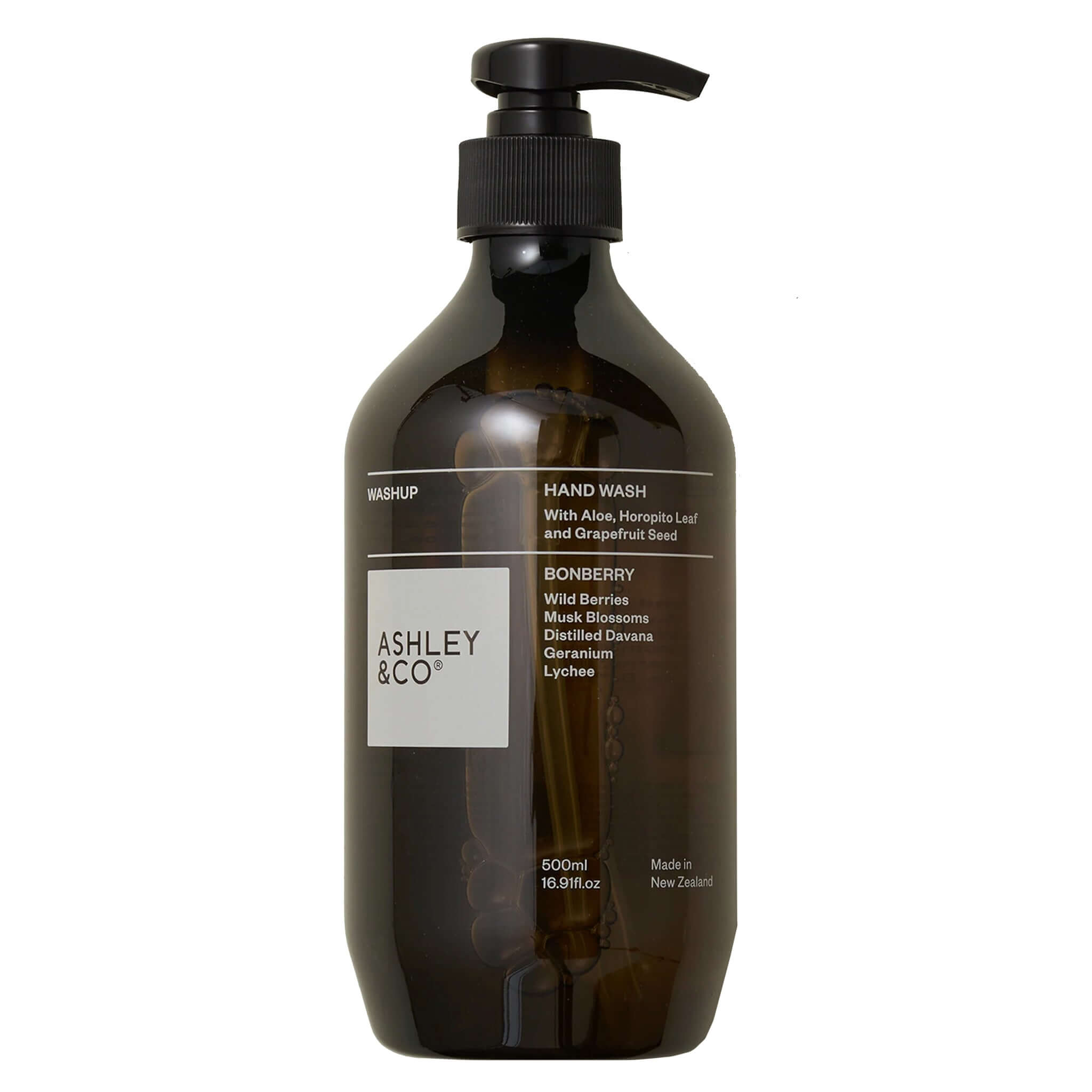 Ashley & Co Washup Hand Wash amber pump bottle botanical hand wash with aloe, horopito leaf & grapefruit seed, pH balanced soap-free
