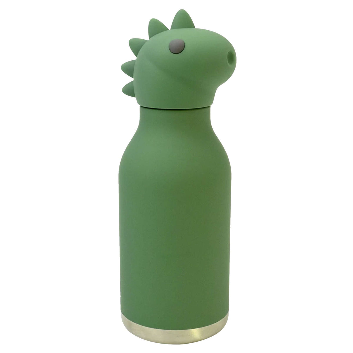 Green dinosaur-shaped water bottle on a white background