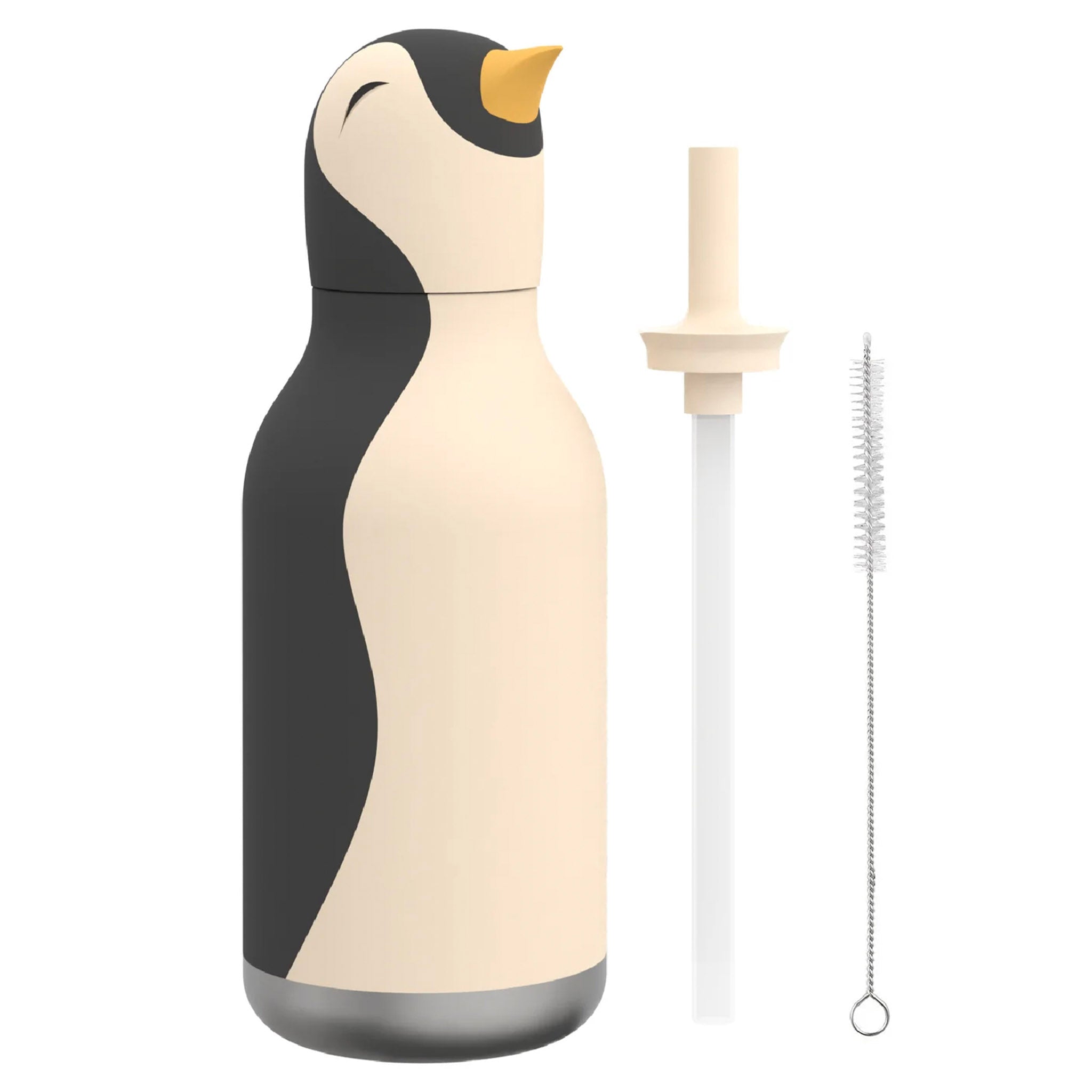 Penguin-shaped water bottle with cleaning brush on a white background