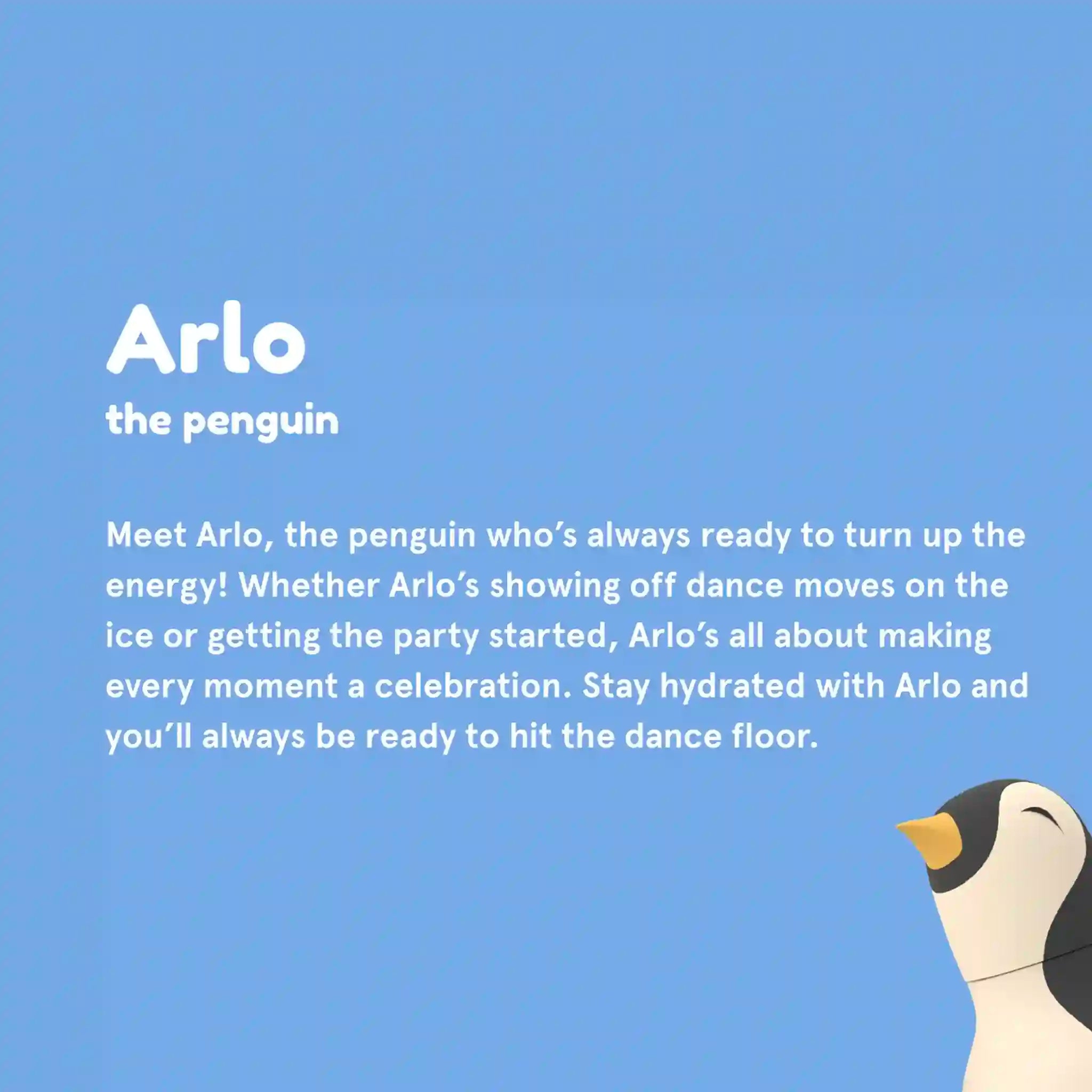 Advertisement for Arlo the penguin on a blue background with text about his energetic personality.