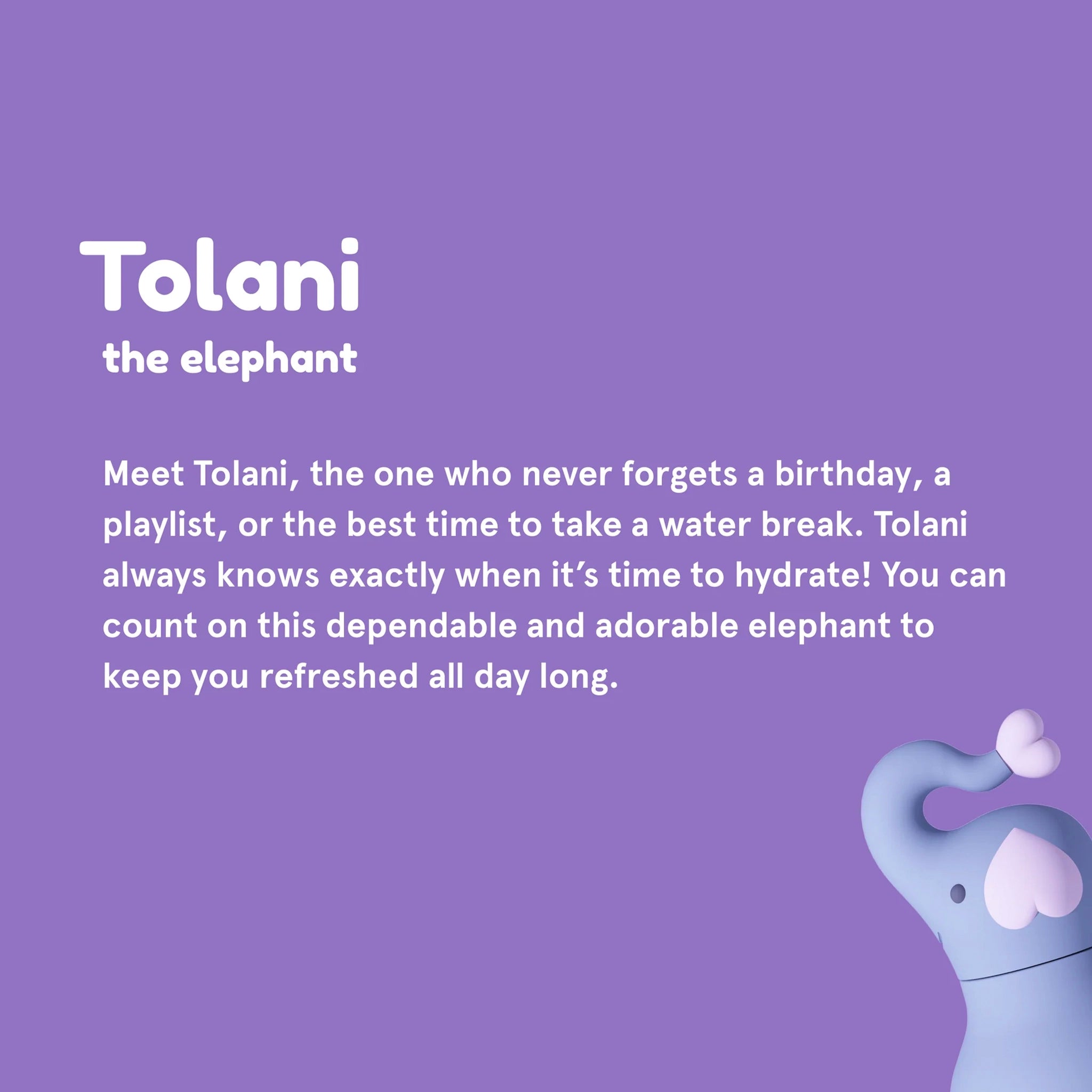 Promotional text about Tolani the elephant on a purple background with an illustration of the elephant.