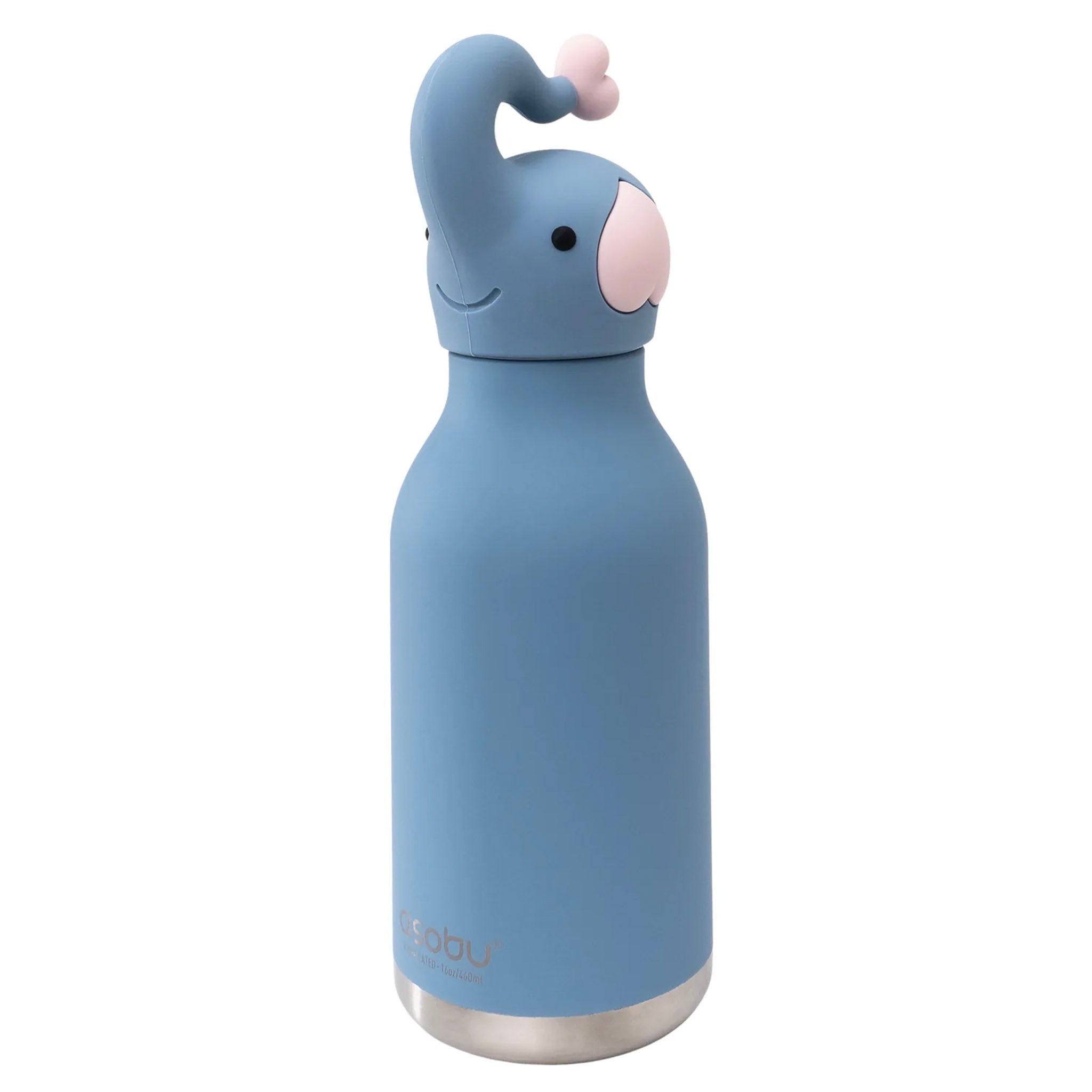 Blue water bottle with elephant design on a white background