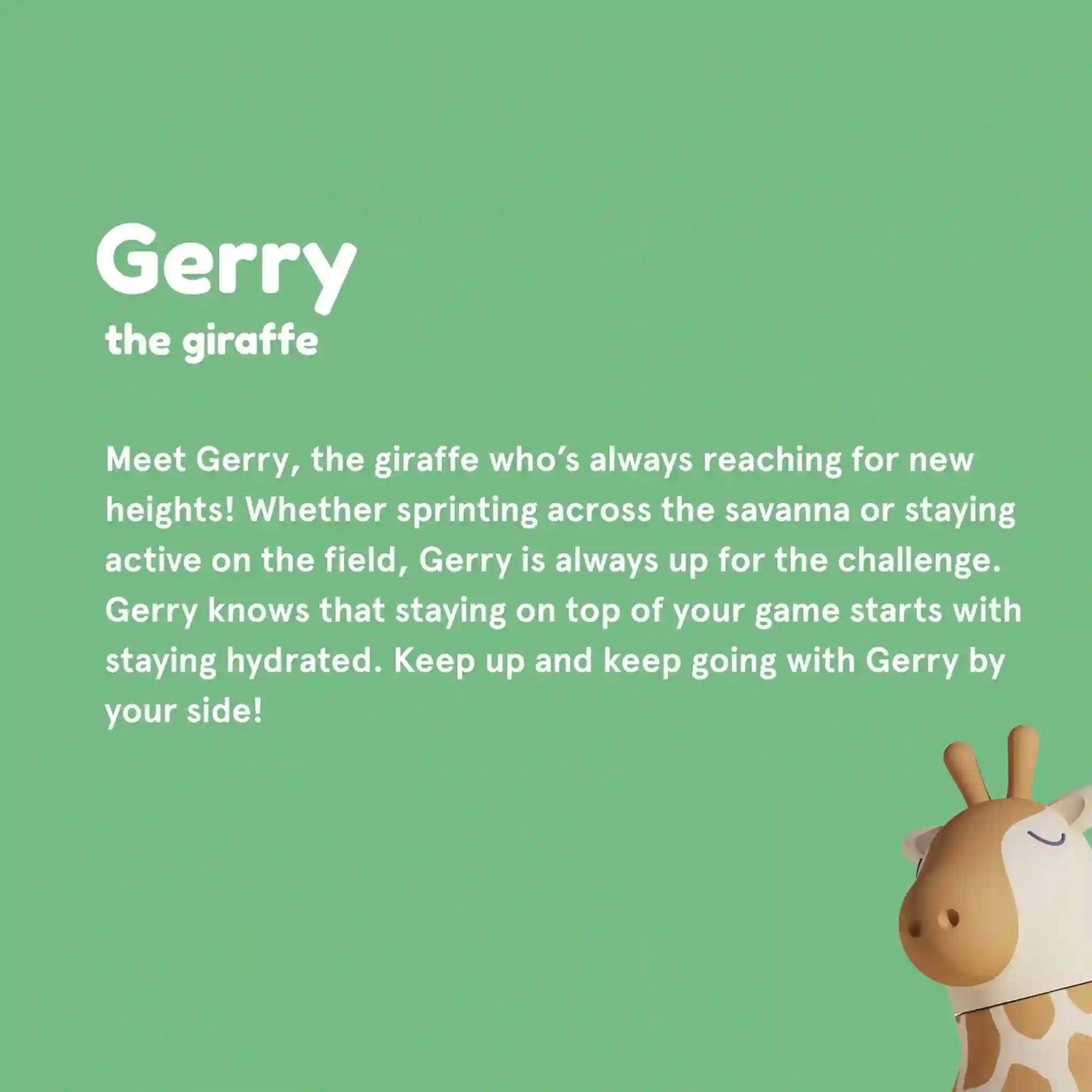Giraffe toy with text about Gerry on a green background