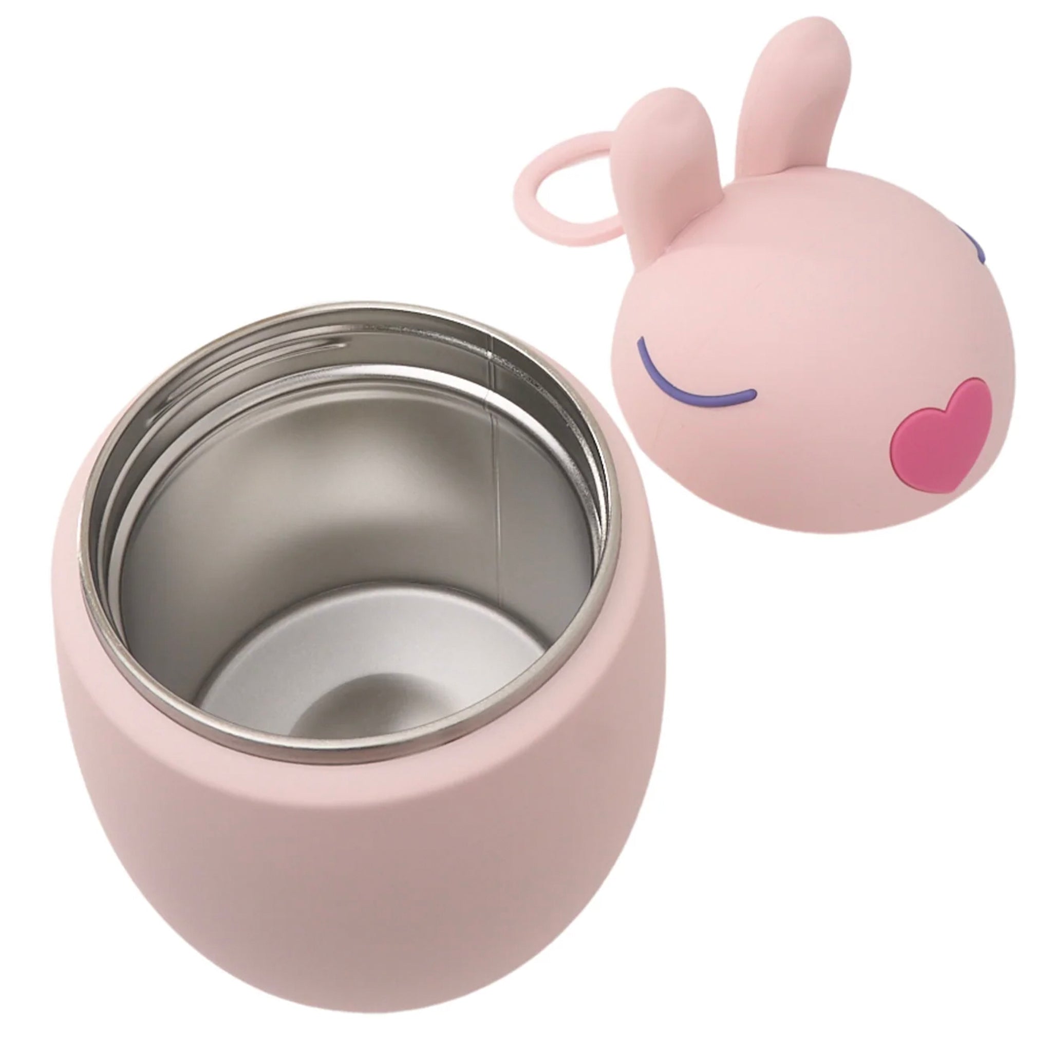 Pink thermos with a cartoon rabbit lid on a white background