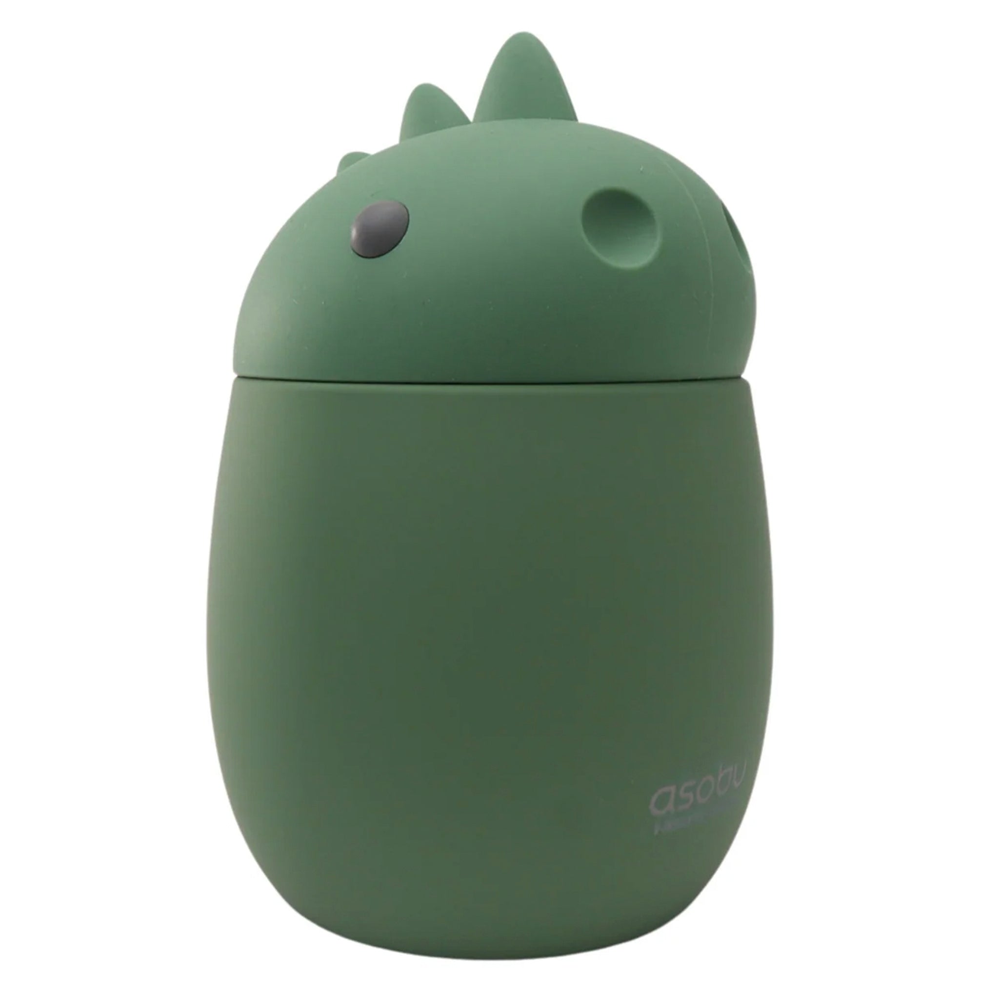 Green dinosaur-shaped container with a lid on a white background