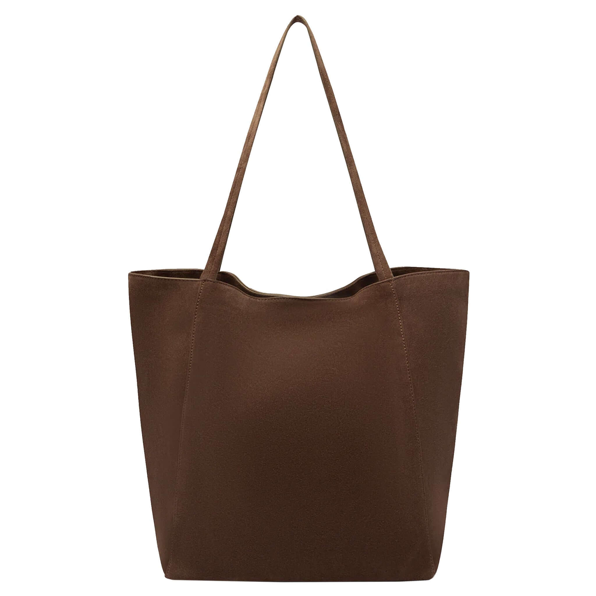 Alt Tag: Assembly Label Paige Suede Tote Bag - Amaro brown suede unstructured tote with slim shoulder straps and magnetic closure