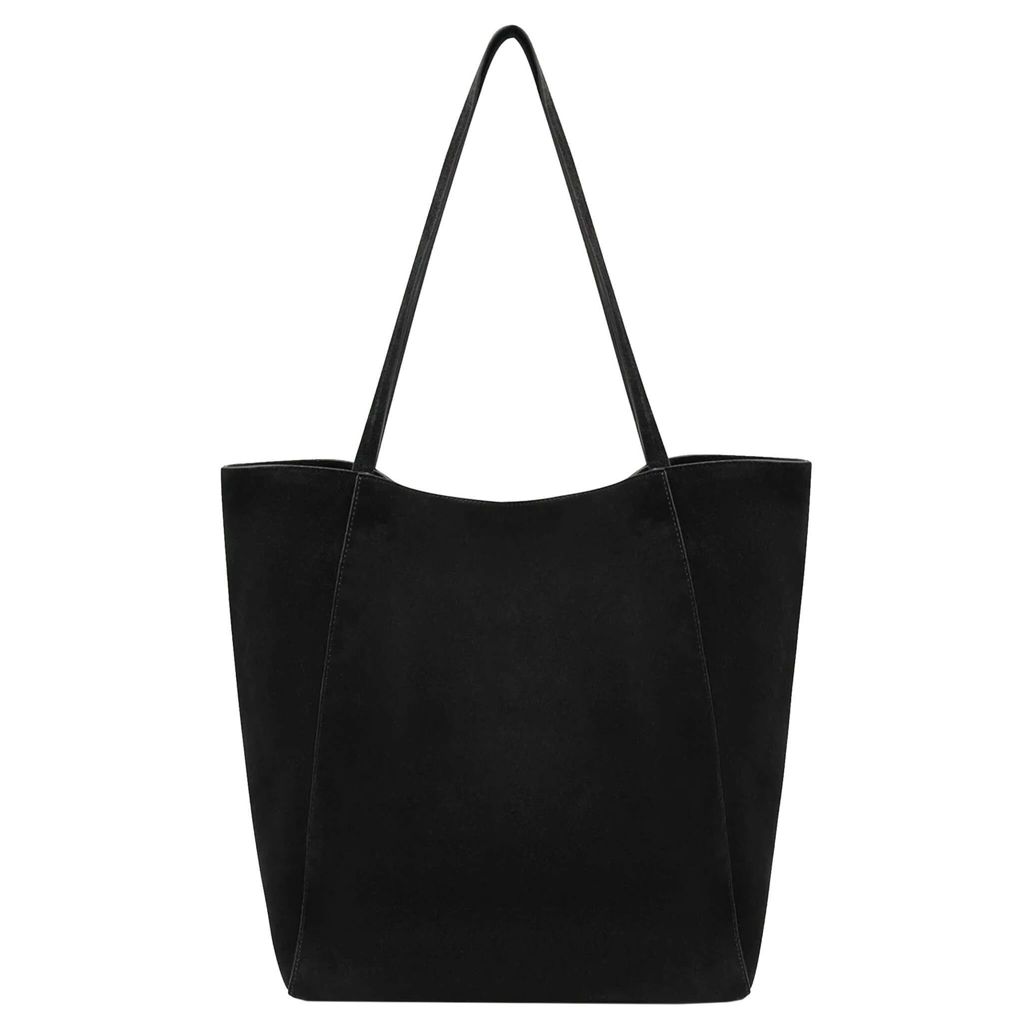 Alt Tag: Assembly Label Paige Suede Tote Bag - Black minimalist black suede tote with slim straps, unstructured silhouette and magnetic closure