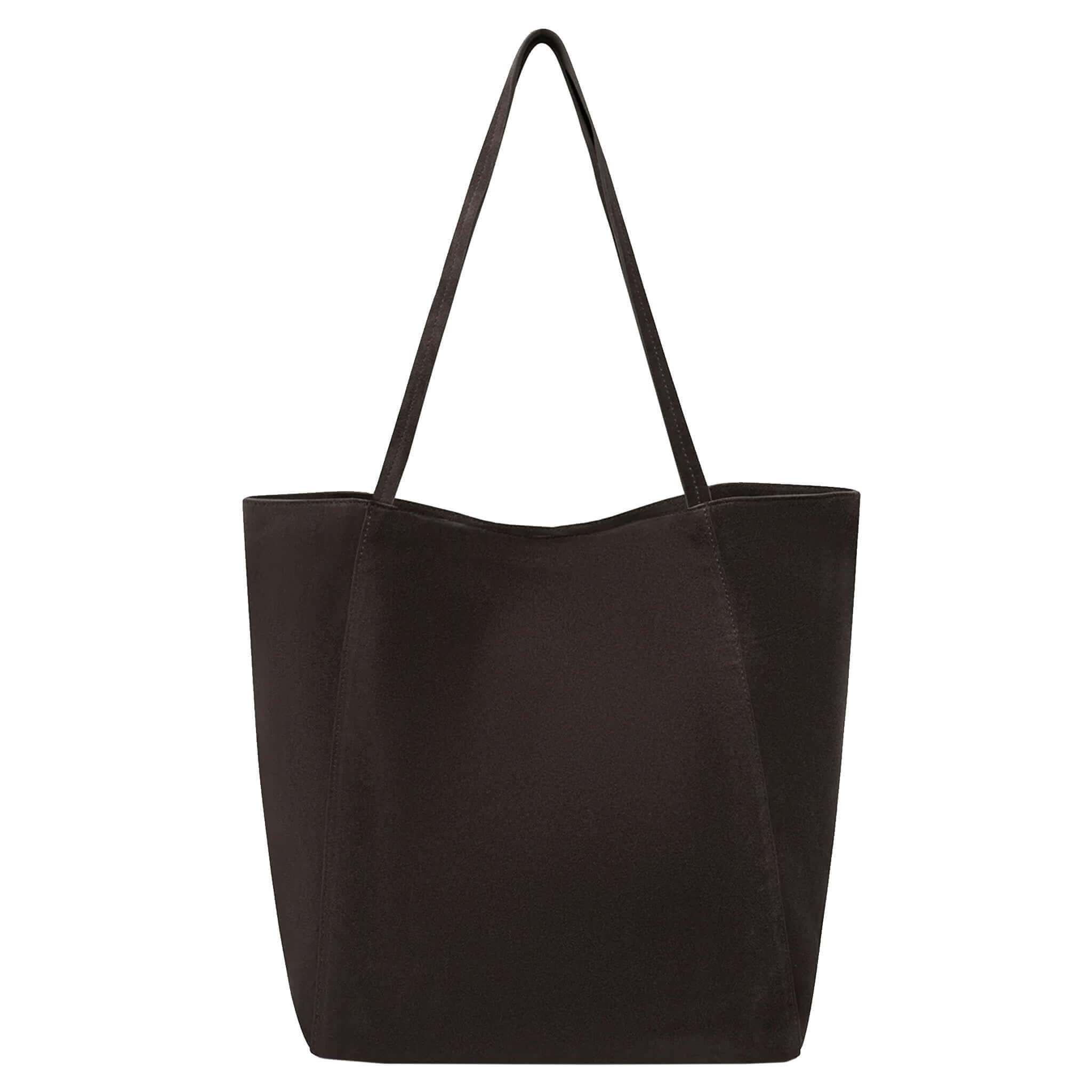 Alt Tag: Assembly Label Paige Suede Tote Bag - Ganache, dark brown suede shoulder tote with slim straps and relaxed unstructured silhouette