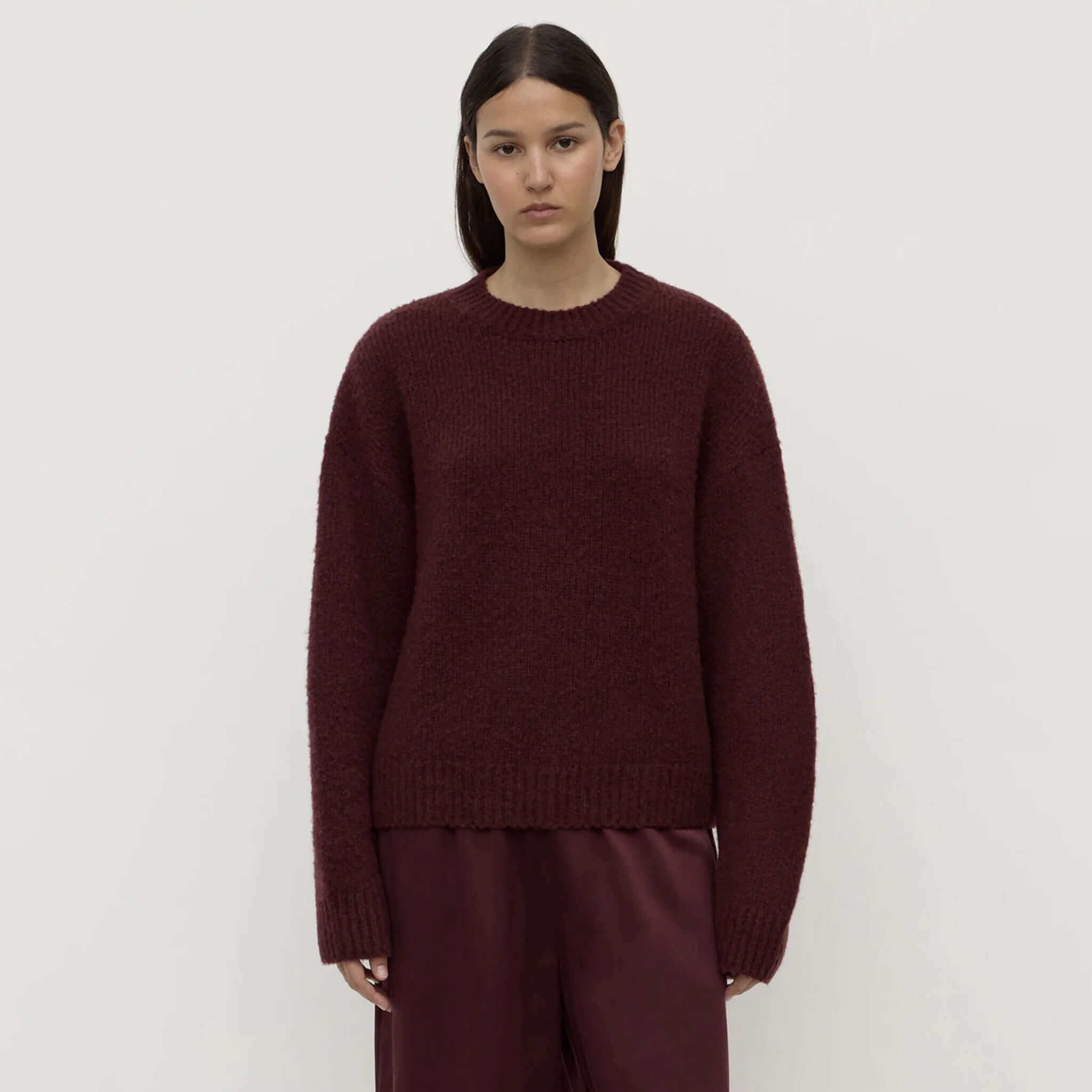 Assembly Label Ariel Alpaca & Wool Knit Jersey - Merlot crew neck alpaca wool blend knit jumper with ribbed cuffs and hem