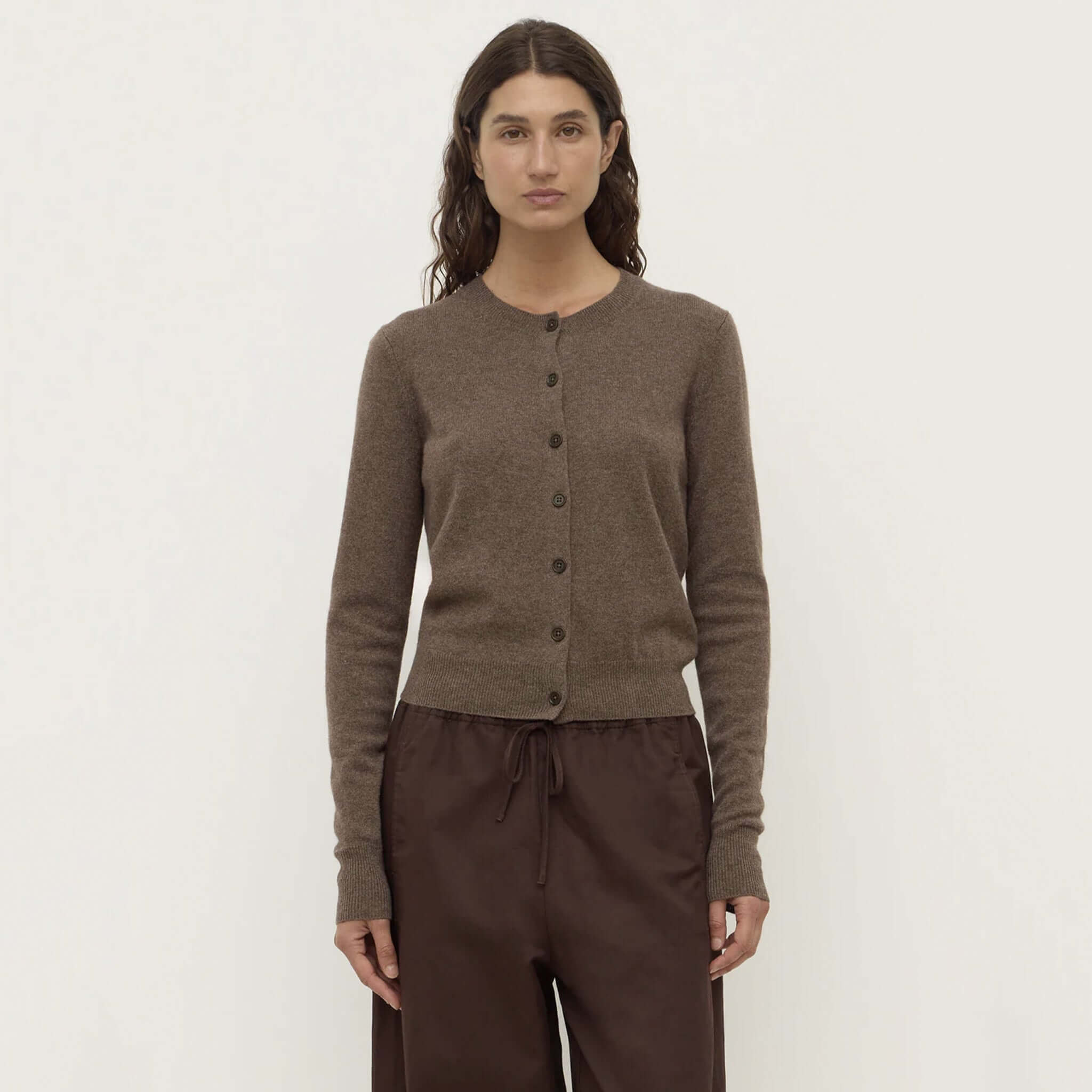 Alt Tag: Assembly Label Benny Wool / Yak Knit Cardigan - Cocoa Marle on model, crew neck button-front, slightly cropped cardigan