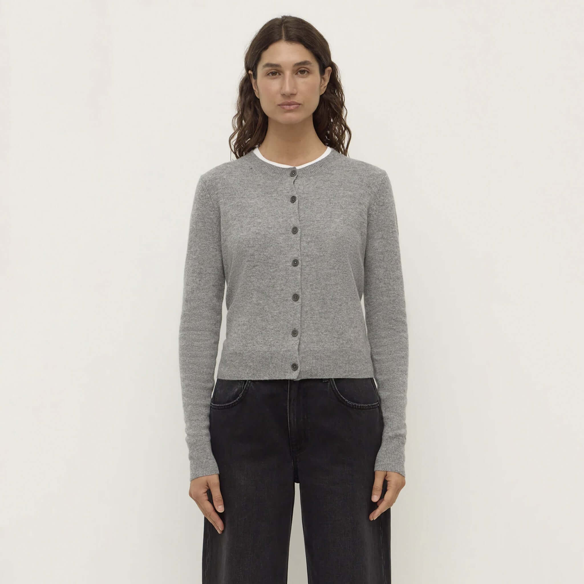 Alt Tag: Assembly Label Benny Wool / Yak Knit Cardigan - Grey Marle on model, crew neck, button-front, soft lightweight warm layering knit