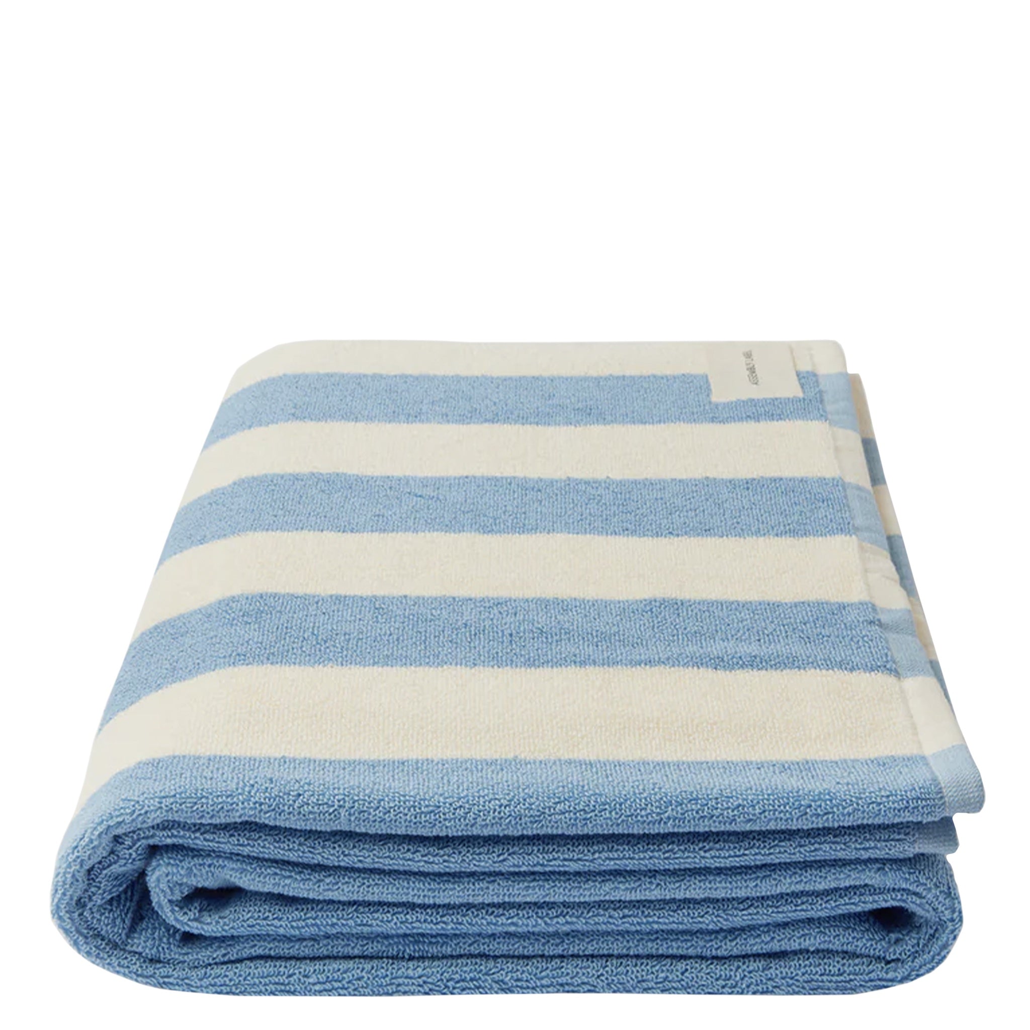 Folded blue and white striped towel on a white background