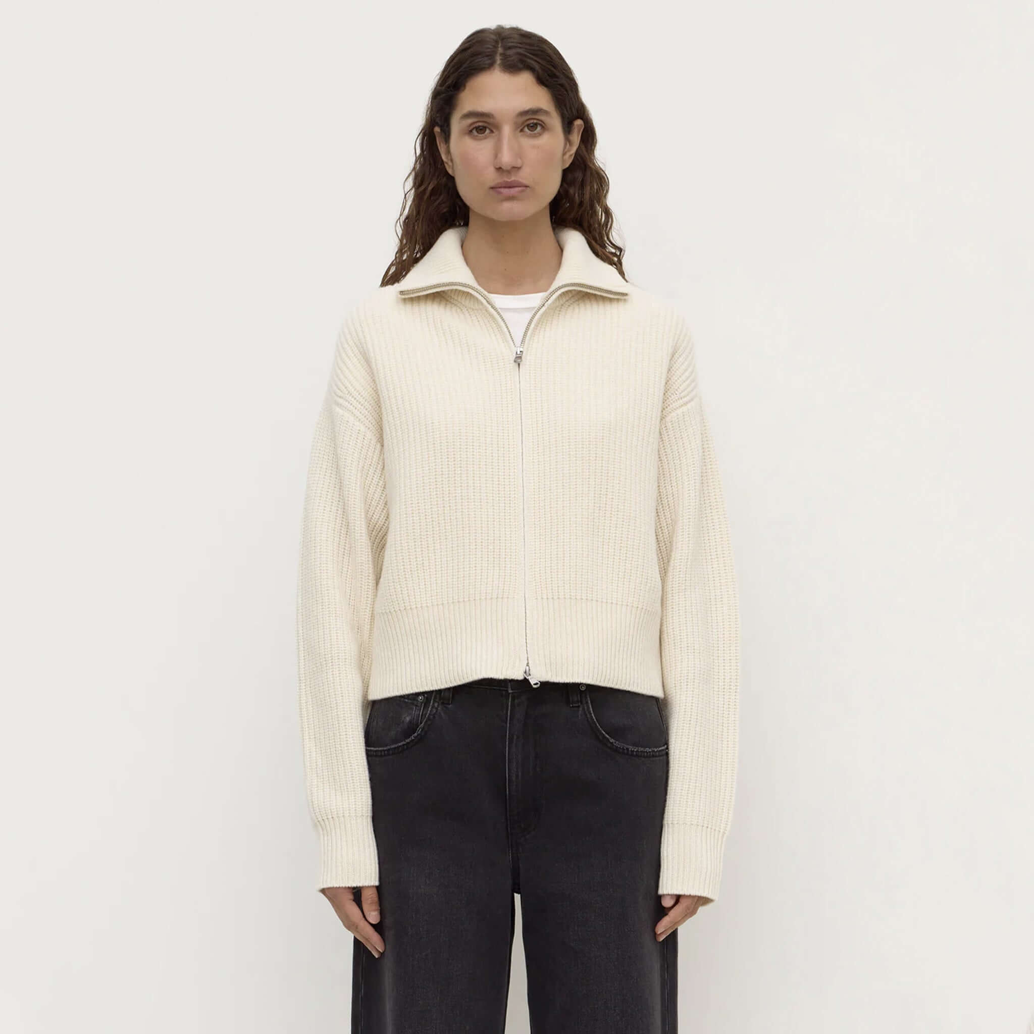 Assembly Label Kaia Wool Zip Sweater in Antique White, featuring a funnel neck and ribbed texture.