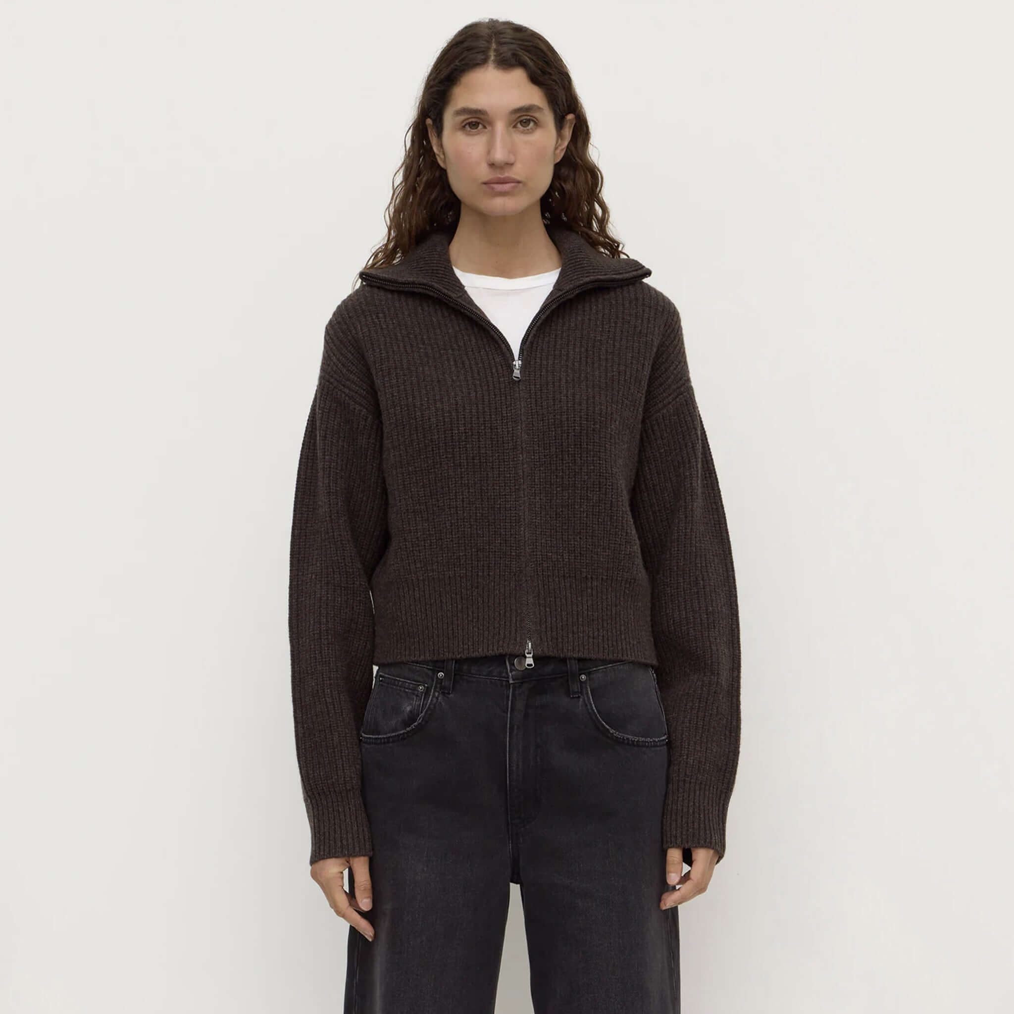 Assembly Label Kaia Wool Zip Sweater - Ganache Marle on model, showing front zip and ribbed texture.