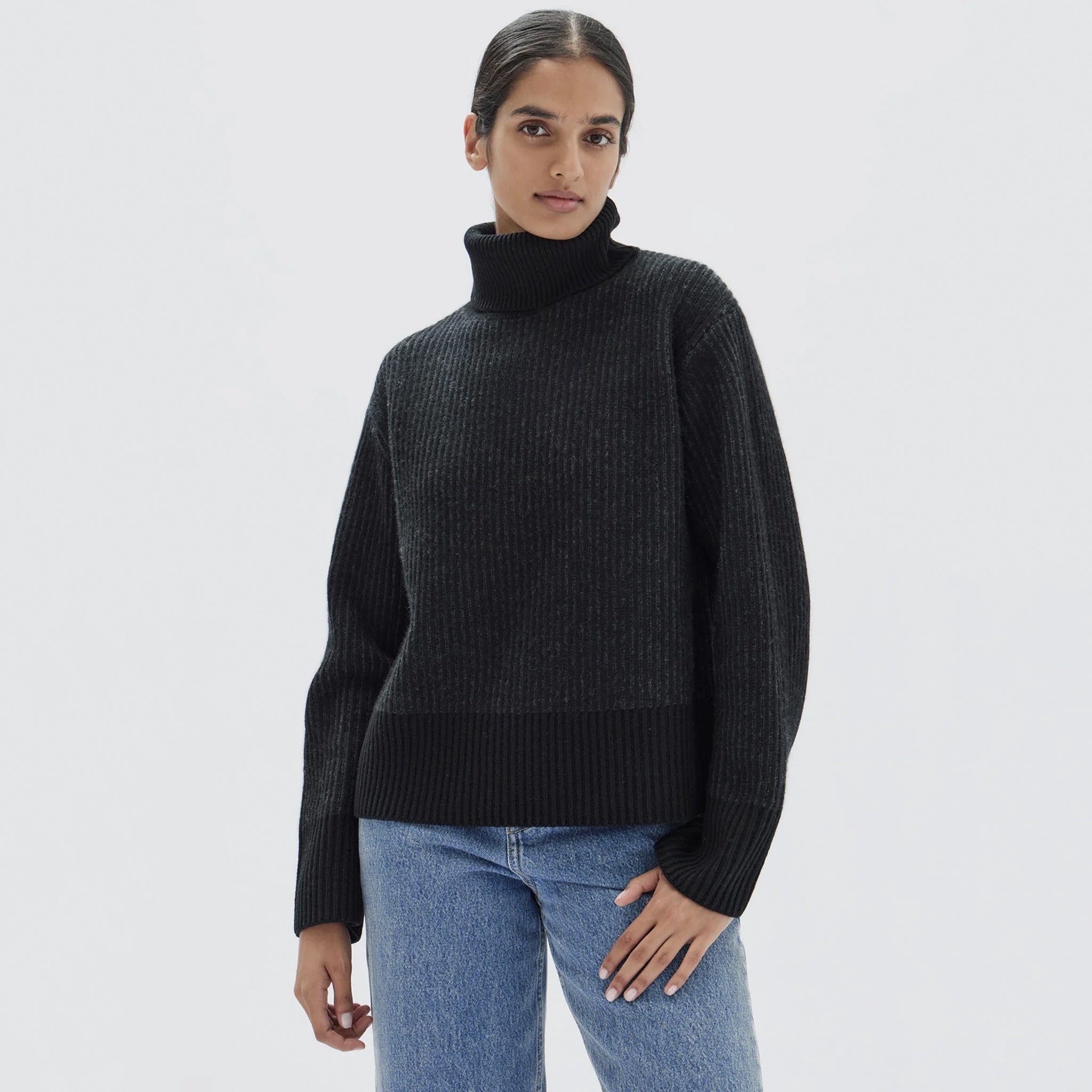 Assembly Label Krista Roll Neck Wool Rib Knit Jumper - Black