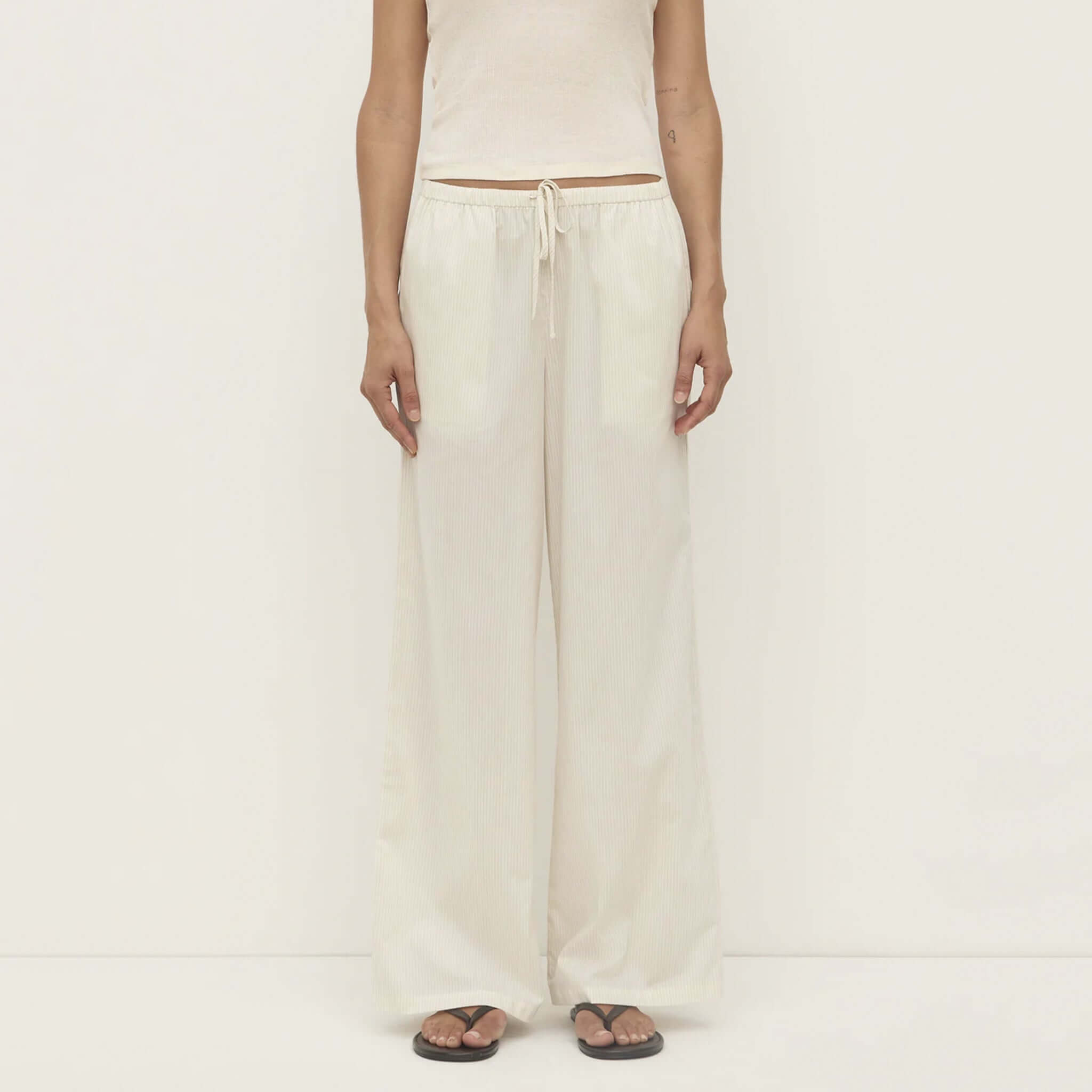 Alt Tag: Assembly Label Marina Stripe Pants - White / Grey Stripe relaxed cotton wide-leg pants with elastic waist and drawstring