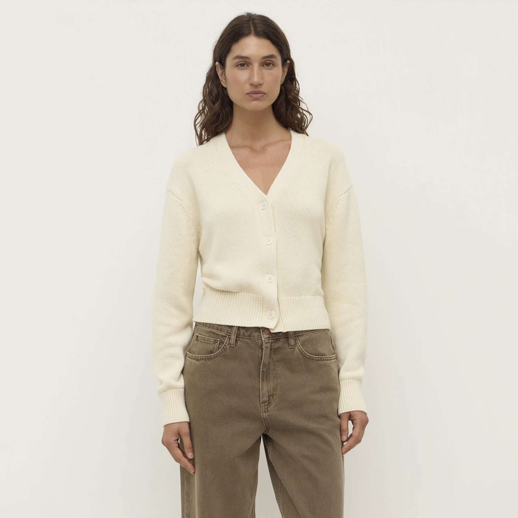 Assembly Label Meri Cotton Knit Cardigan - Cream on model, V-neck button-down 100% cotton knit with ribbed trims