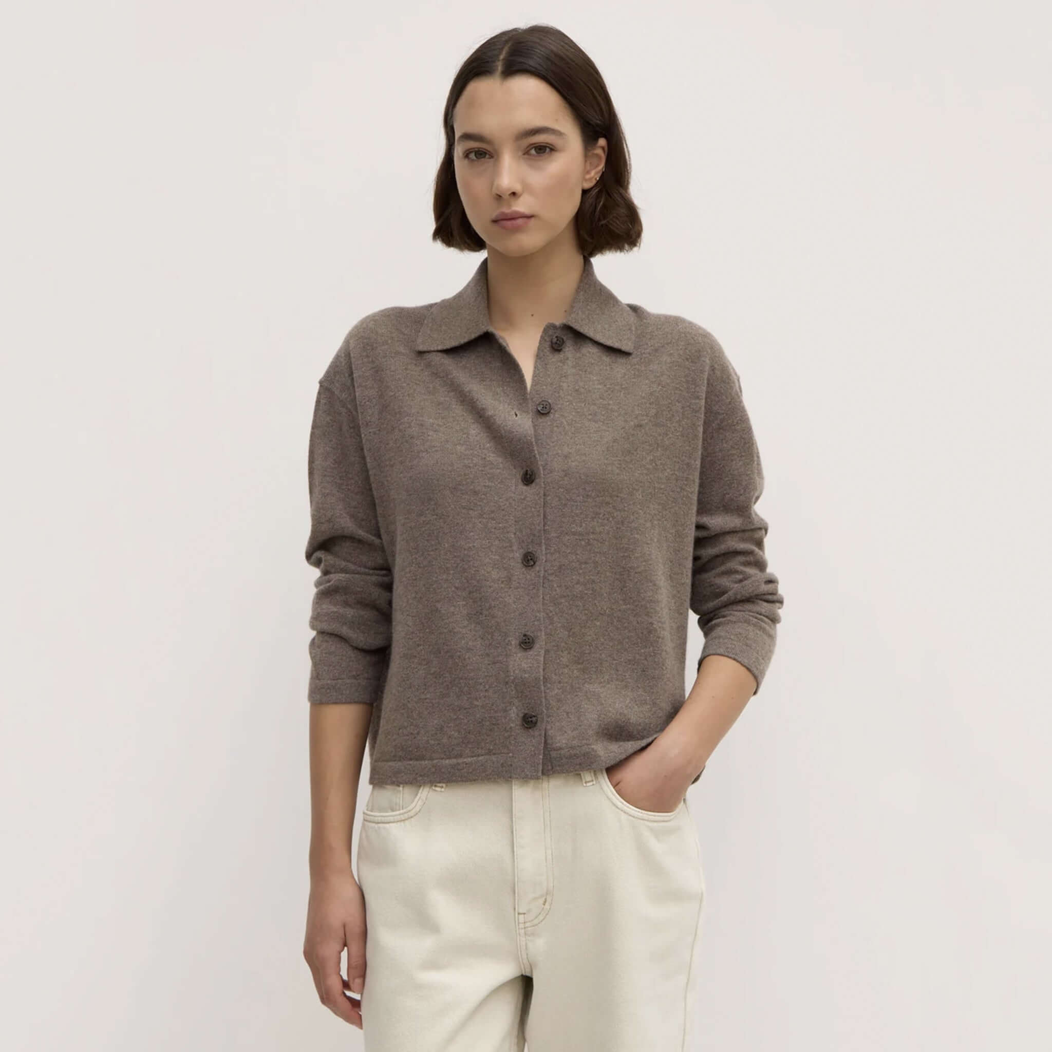 Alt Tag: Assembly Label Merino & Cashmere Knit Cardigan - Sable on model, button-up wool cashmere blend cardigan with relaxed collar