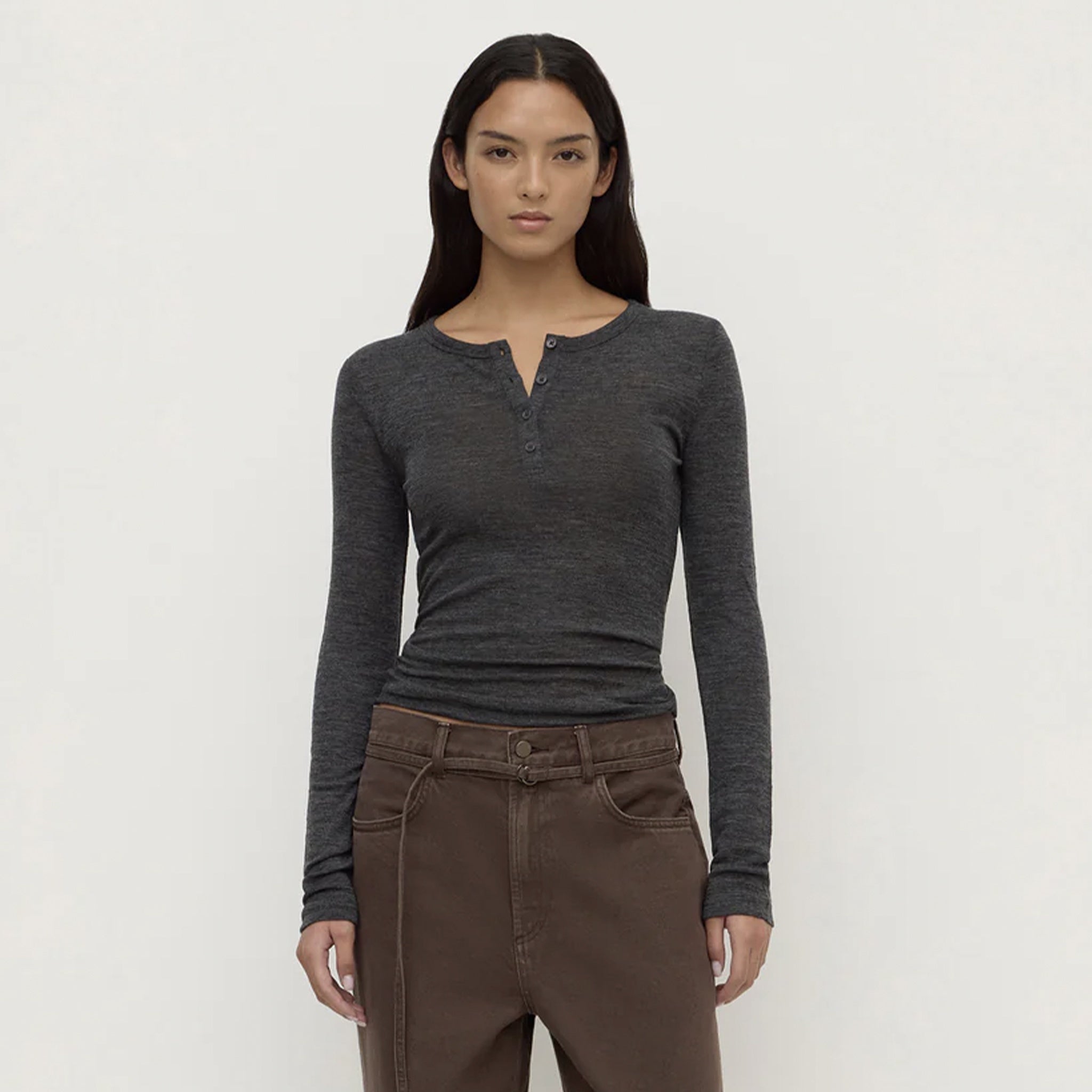 Assembly Label Nora Merino Wool Henley Top - Charcoal Marle