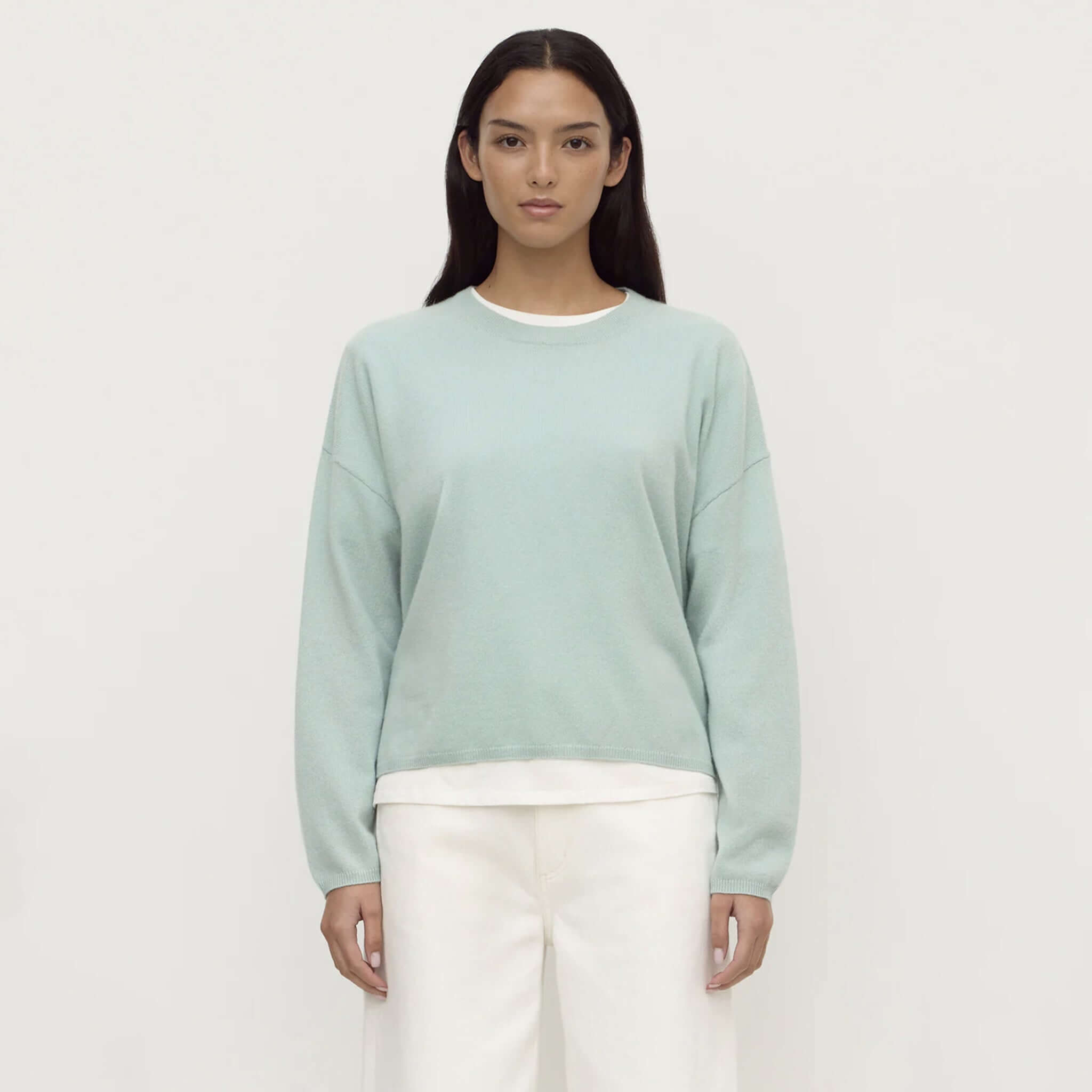 Assembly Label Odelle Cashmere Knit Jumper - Mint displayed on a model showcasing relaxed silhouette and dropped shoulders.