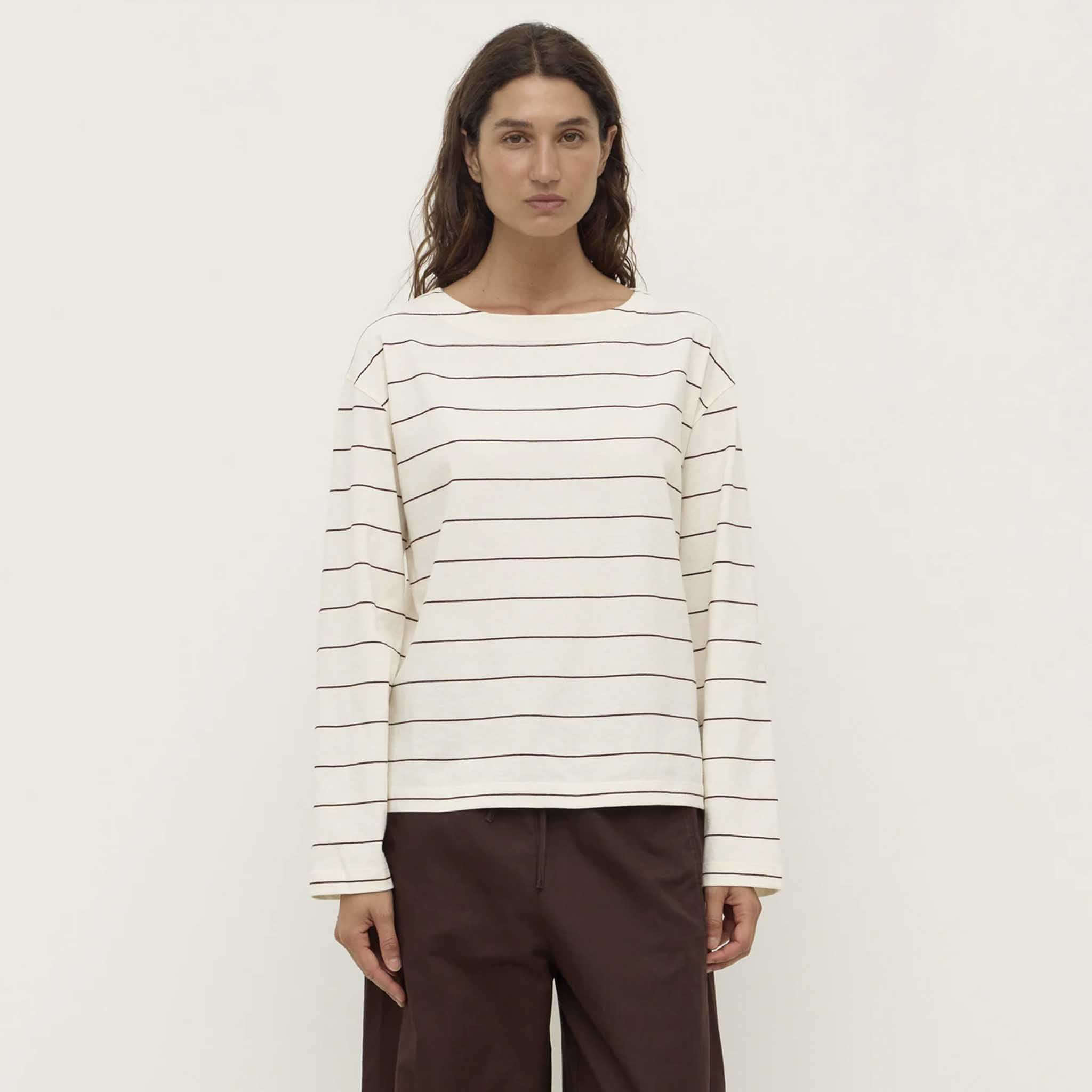 Alt Tag: Assembly Label Scout Long Sleeve Tee - Cream & Mulberry striped cotton boat neck long sleeve tee front view