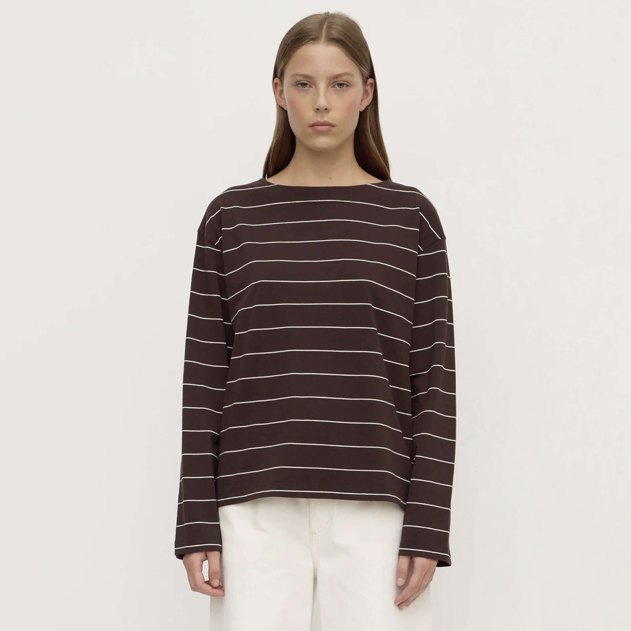 Assembly Label Scout Long Sleeve Tee - Ganache Cream Stripe model wearing relaxed cotton tee with boat neckline.