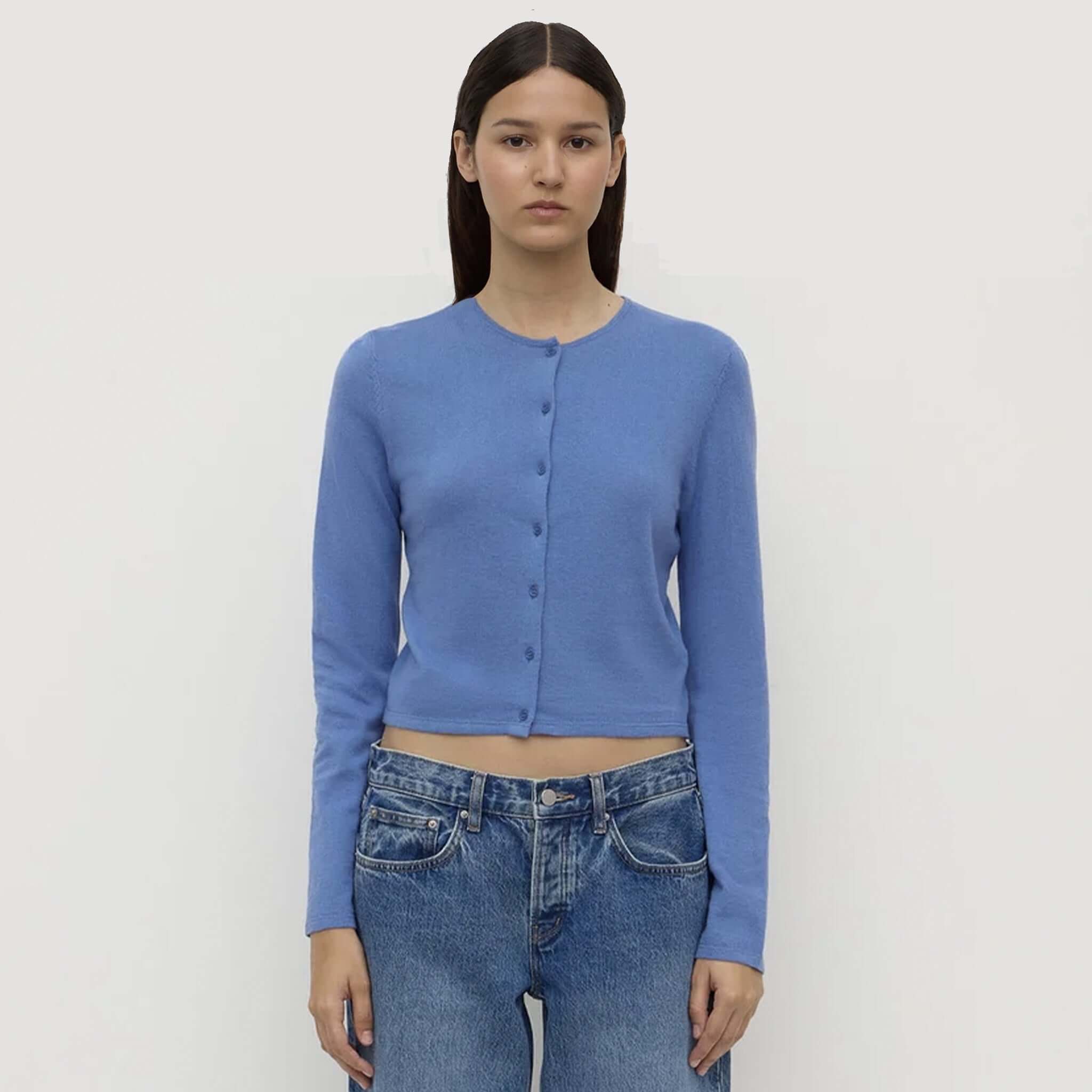 Alt Tag: Assembly Label Tilly Cotton / Cashmere Cardigan - Drift cropped button-front women’s cardigan with long sleeves, front view