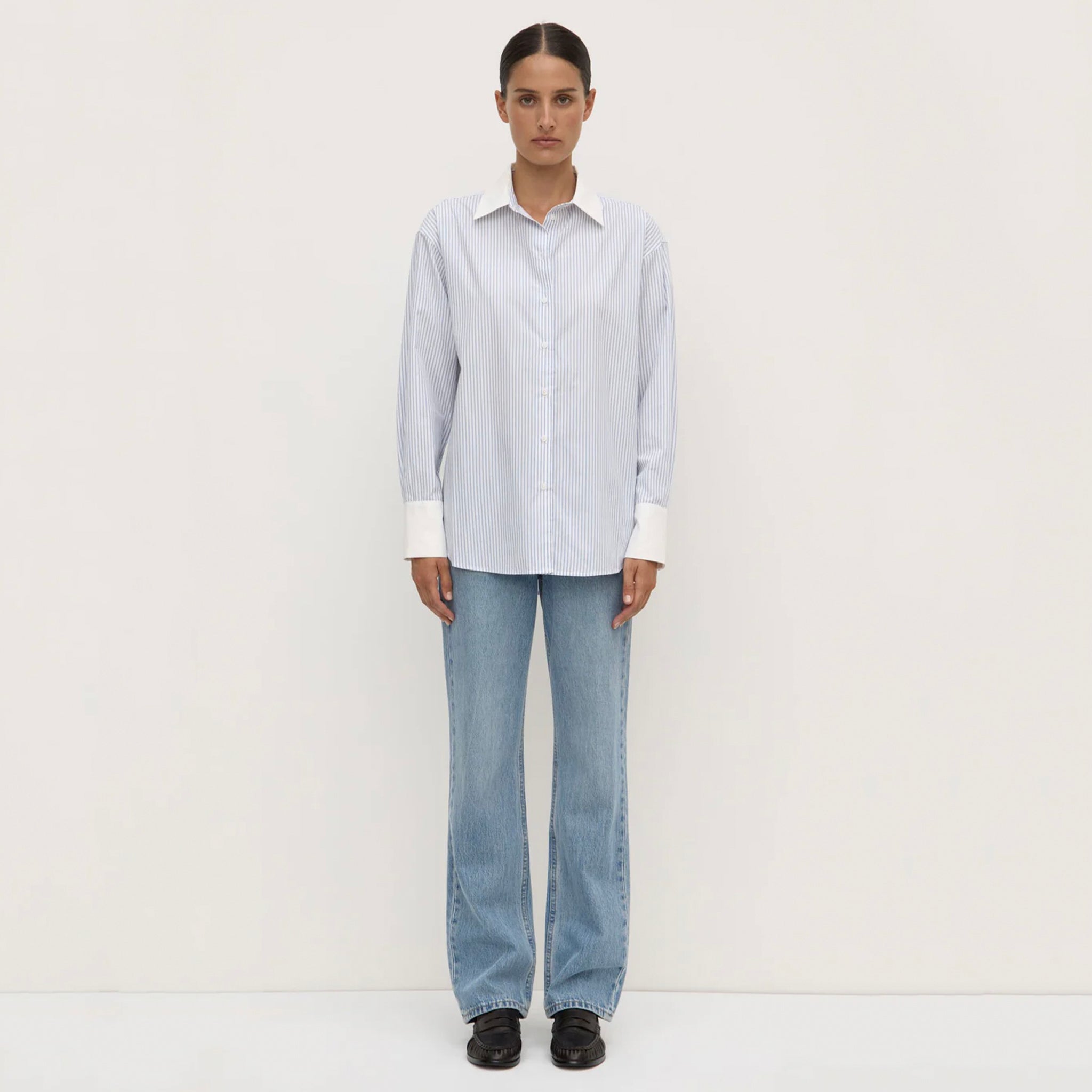 Assembly Label Alec Poplin Stripe Long Sleeve Shirt - Blue & White Stripe