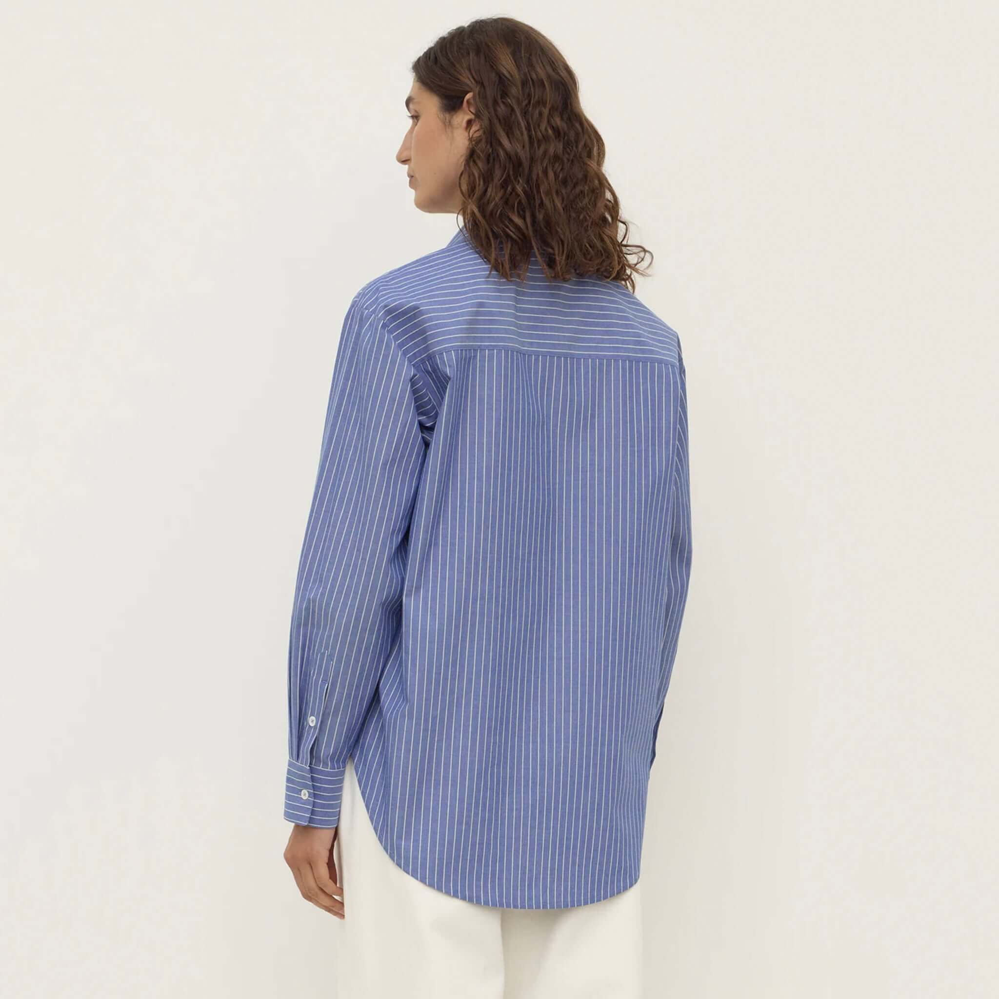 Alt Tag: Assembly Label Anais Stripe Long Sleeve Shirt - Blue & White Stripe back view, blue-white striped cotton shirt with long sleeves
