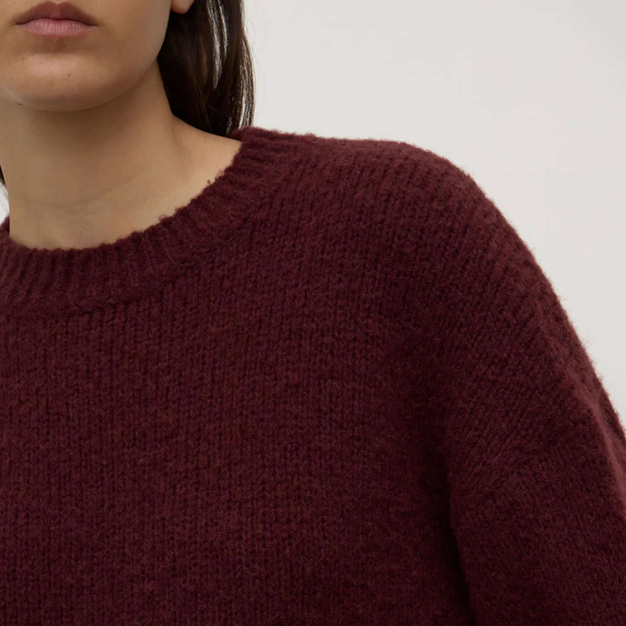 Alt Tag: Assembly Label Ariel Alpaca & Wool Knit Jersey - Merlot close-up merlot alpaca wool blend crew neck knit with ribbed trim