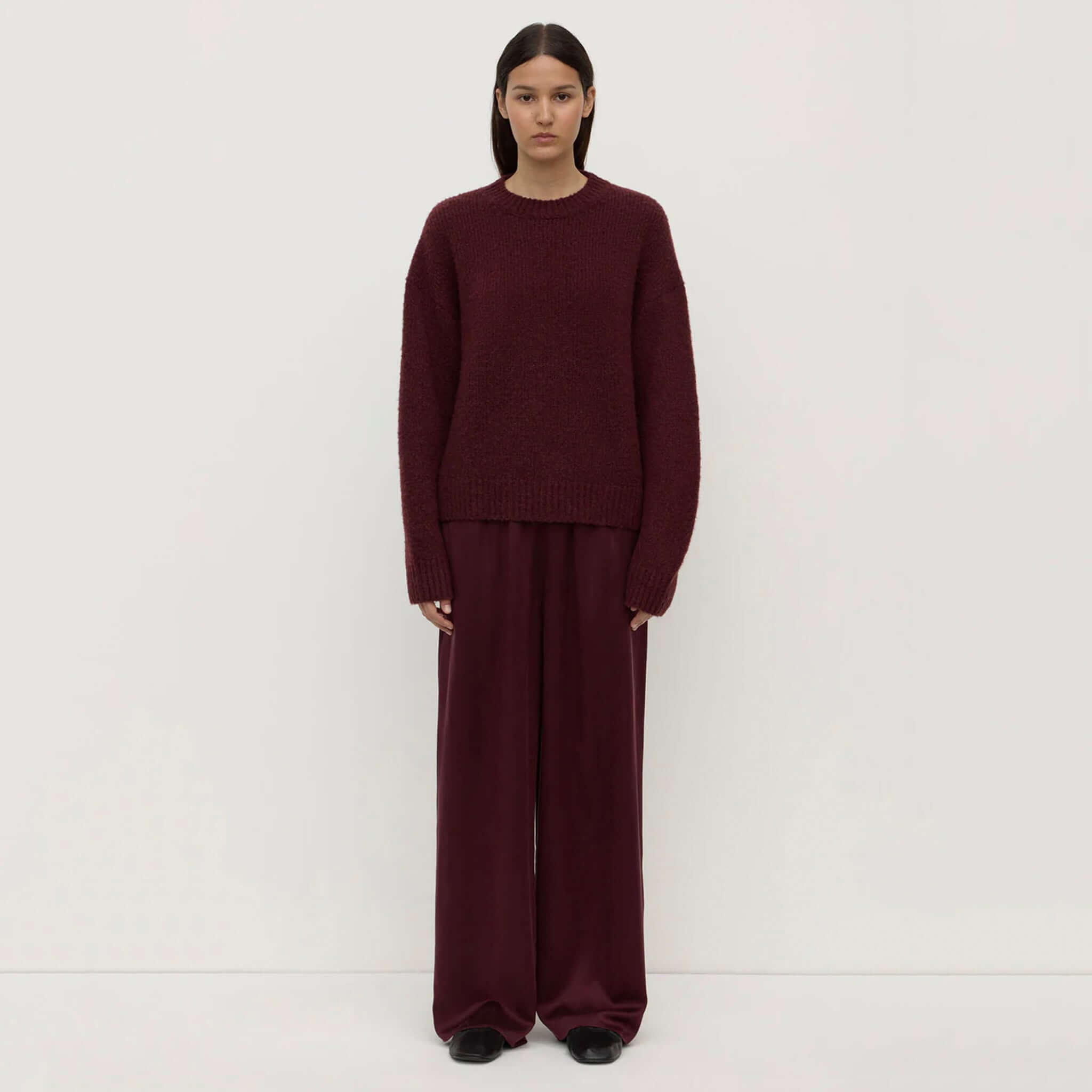 Alt Tag: Assembly Label Ariel Alpaca & Wool Knit Jersey - Merlot crew neck alpaca wool blend knit jumper, ribbed cuffs and hem