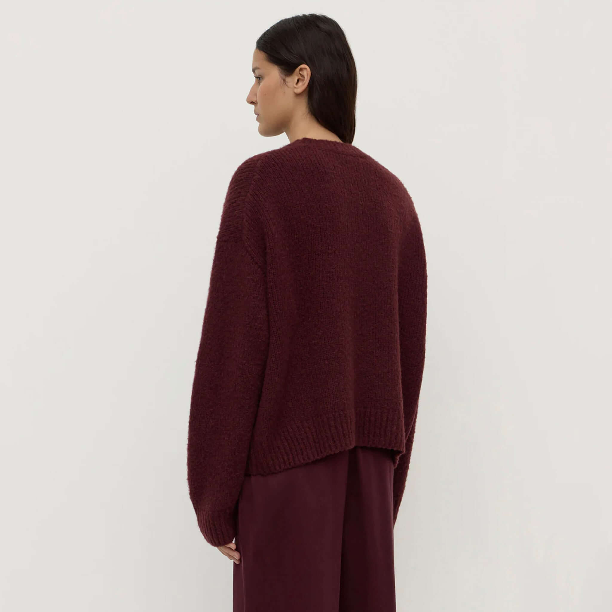 Alt Tag: Assembly Label Ariel Alpaca & Wool Knit Jersey - Merlot back view, alpaca-wool crew neck knit with ribbed hem, cosy winter layer