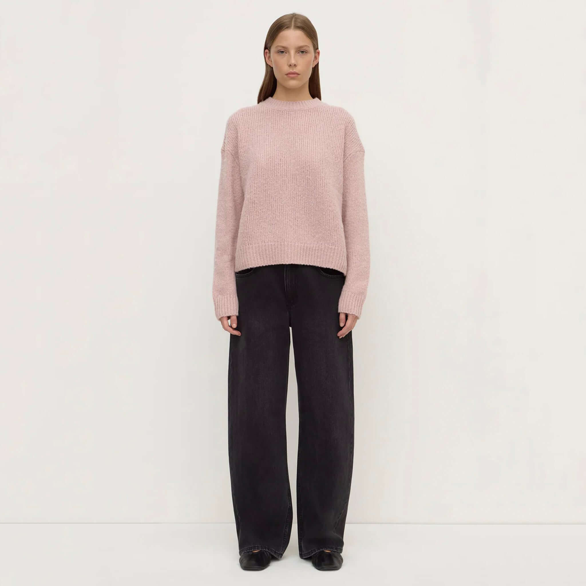 Alt Tag: Assembly Label Ariel Alpaca & Wool Knit Jersey - Blush soft pink crew neck knit with ribbed cuffs and hem on model