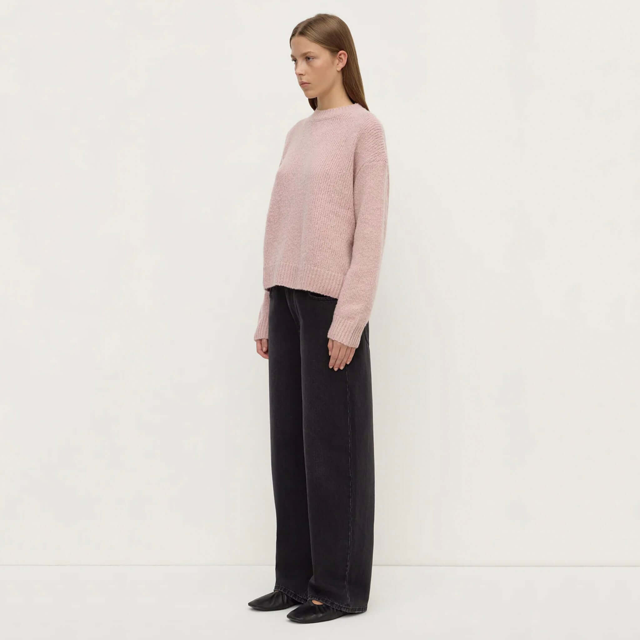 Alt Tag: Assembly Label Ariel Alpaca & Wool Knit Jersey - Blush soft pink crew neck knit jumper with ribbed cuffs and hem, slightly cropped fit