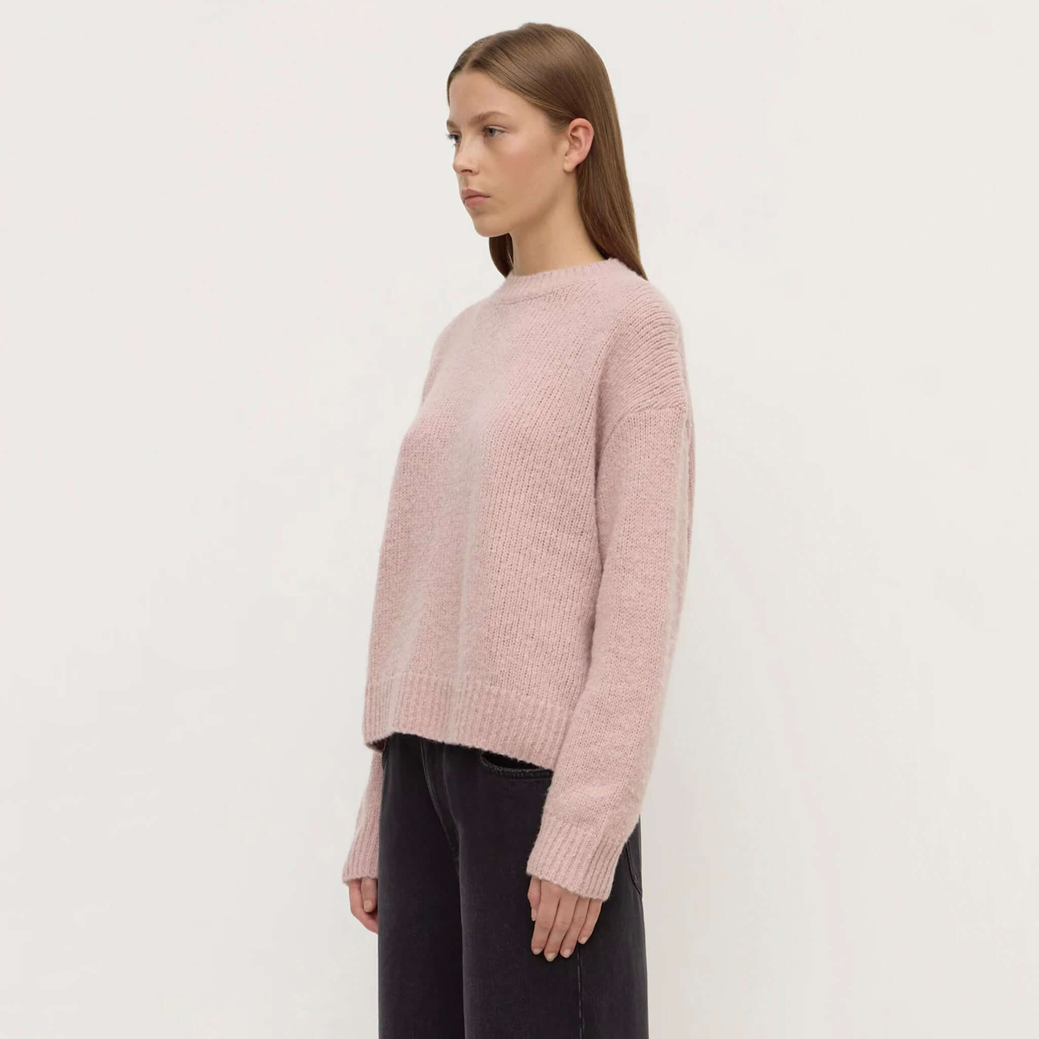 Alt Tag: Assembly Label Ariel Alpaca & Wool Knit Jersey - Blush soft pink crew neck sweater with ribbed cuffs and hem, slightly cropped fit