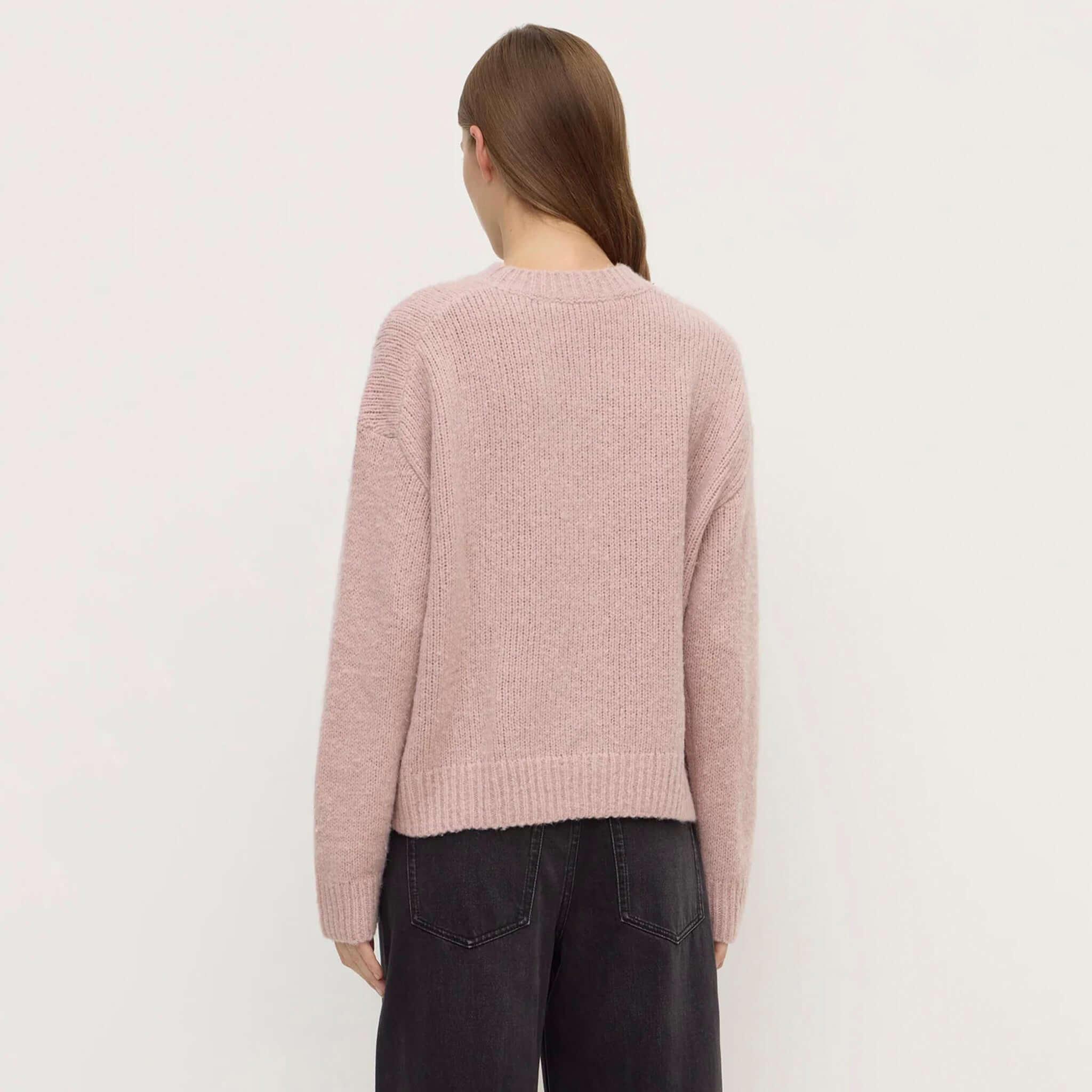 Assembly Label Ariel Alpaca & Wool Knit Jersey - Blush back view, crew neck soft pink alpaca-wool knit with ribbed hem and cuffs