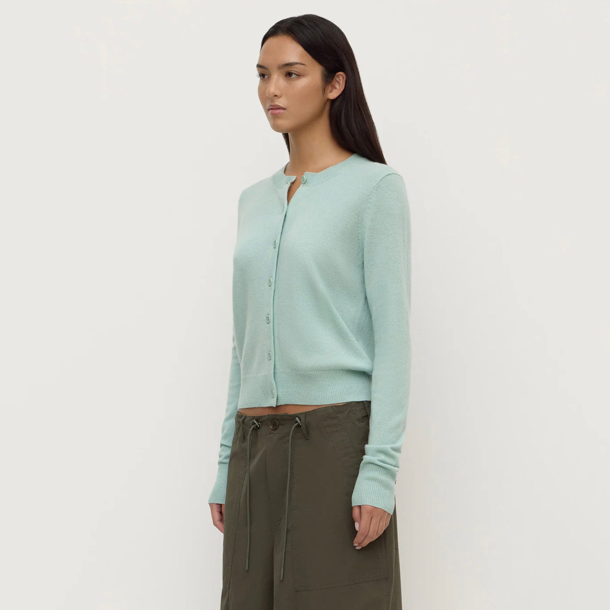 Assembly Label Benny Wool & Yak Knit Cardigan - Mint worn by model, showcasing its mint color and soft knit blend.