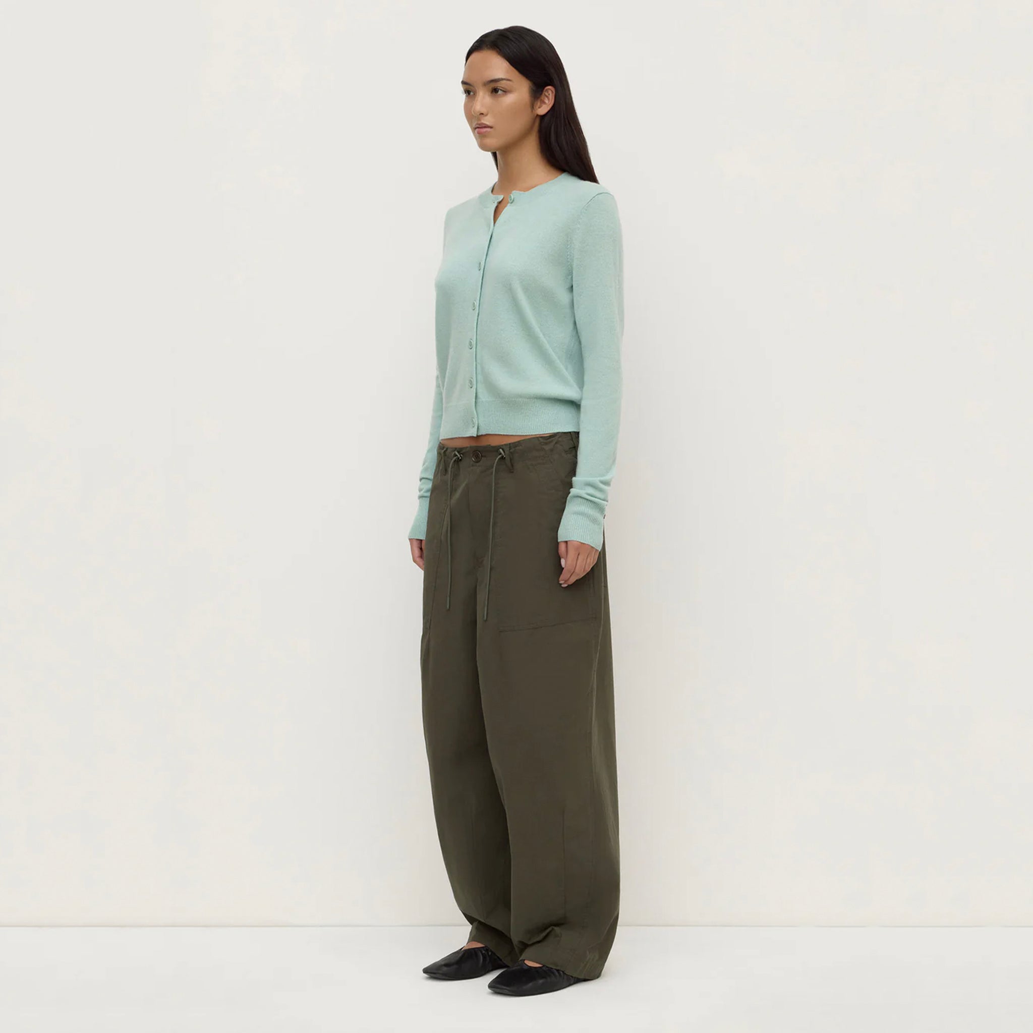 Assembly Label Benny Wool & Yak Knit Cardigan - Mint worn with olive wide-leg trousers
