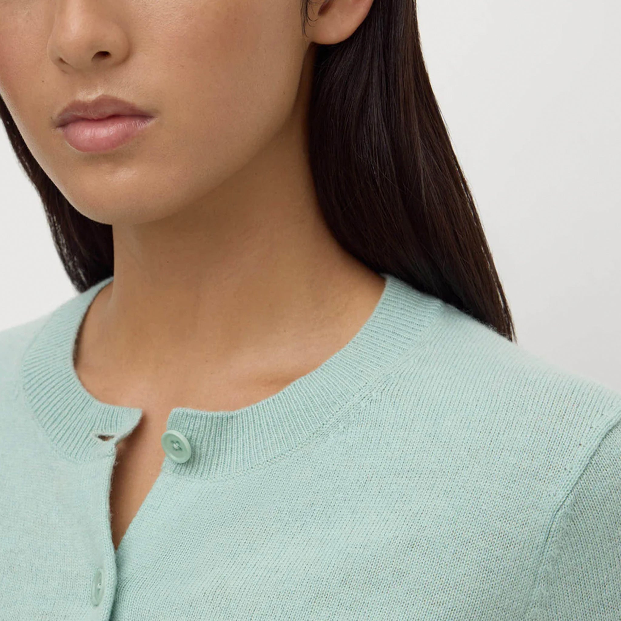Assembly Label Benny Wool & Yak Knit Cardigan - Mint close-up view of the collar and button detail.