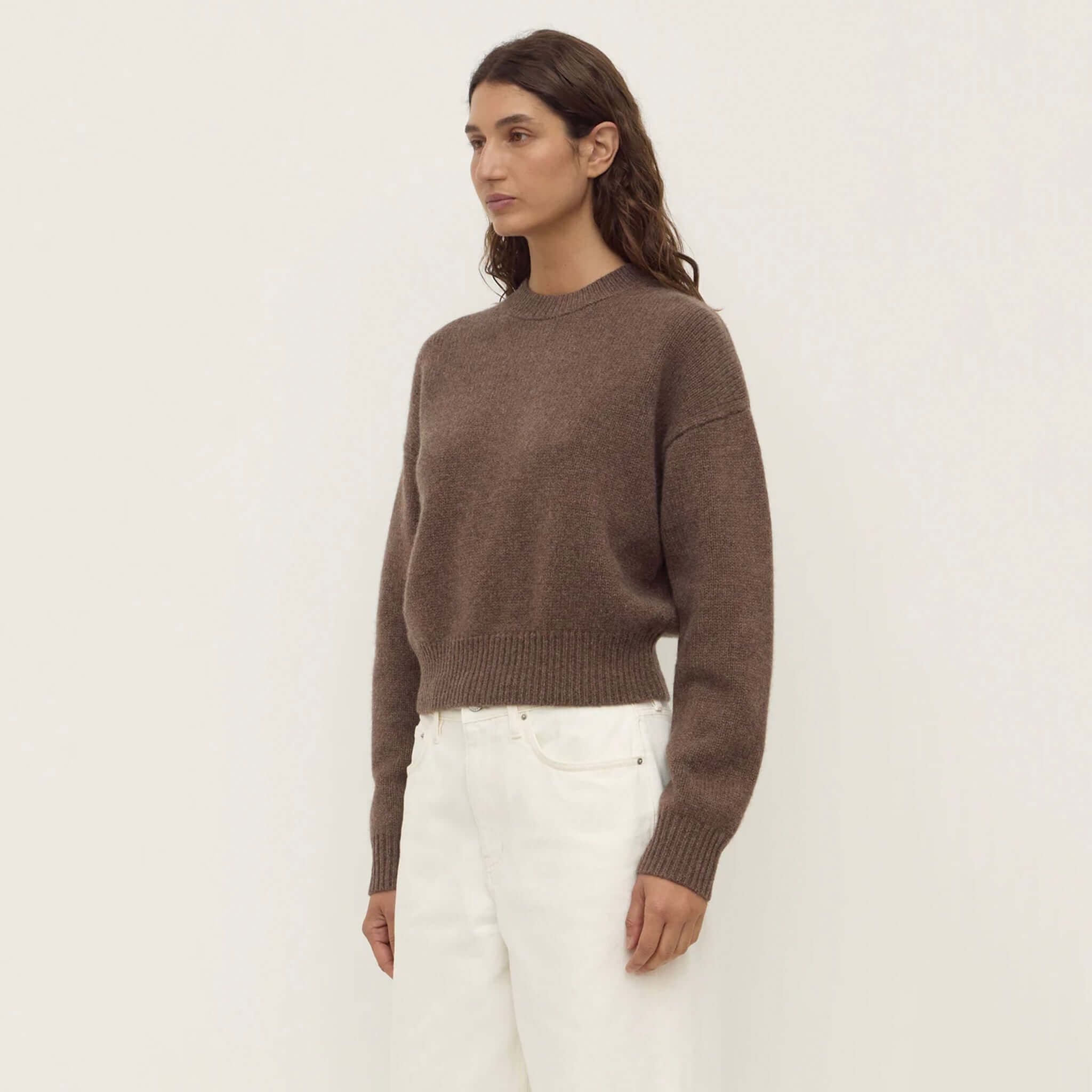 Alt Tag: Assembly Label Benny Wool & Yak Knit Jersey - Cocoa Marle cropped cocoa marle knit sweater front view on model