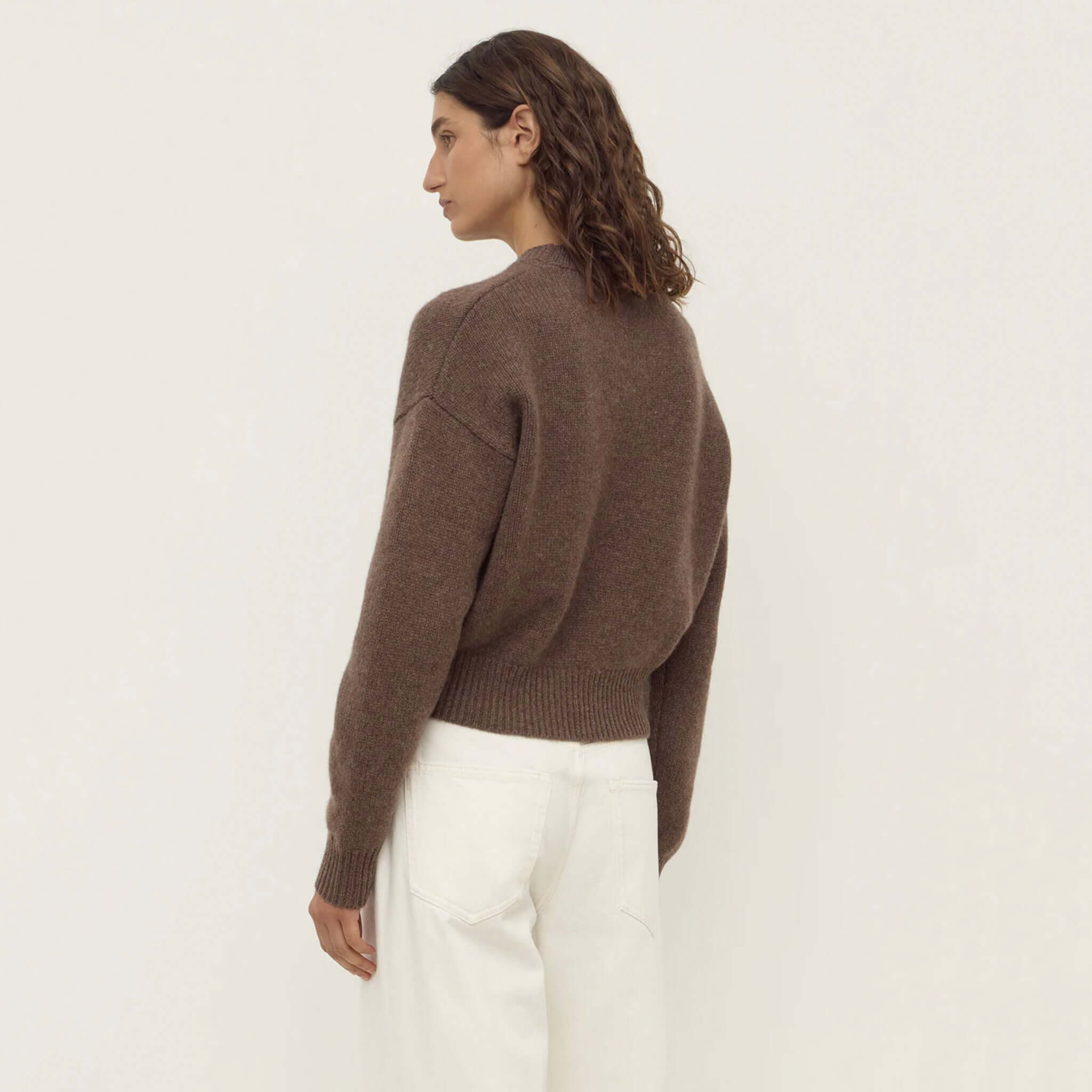 Assembly Label Benny Wool & Yak Knit Jersey - Cocoa Marle, back view cropped knit sweater in rich cocoa marle wool-yak blend