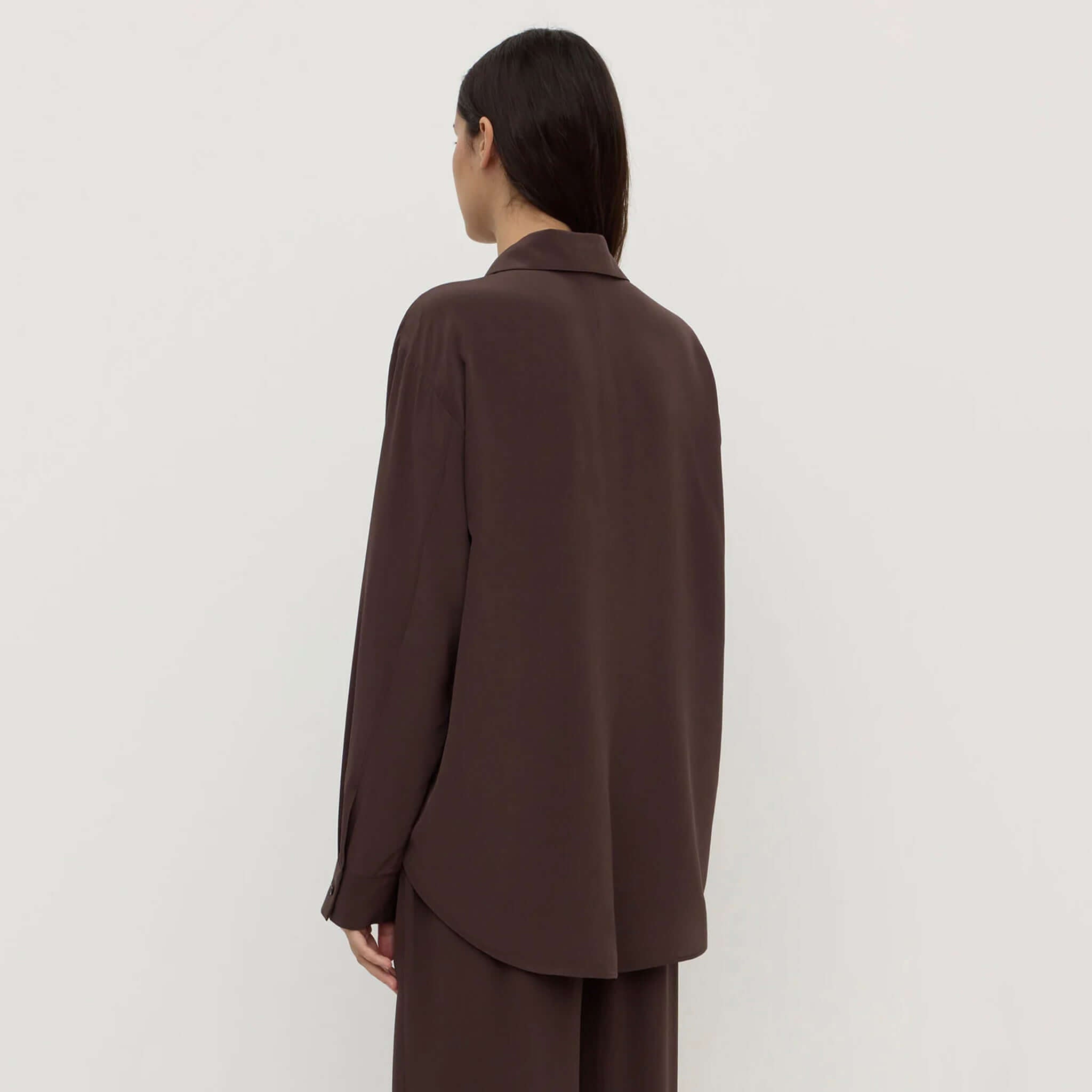 Alt Tag: Assembly Label Betty Silk Long Sleeve Shirt - Ganache back view, lightweight 100% silk long sleeve blouse in rich ganache brown