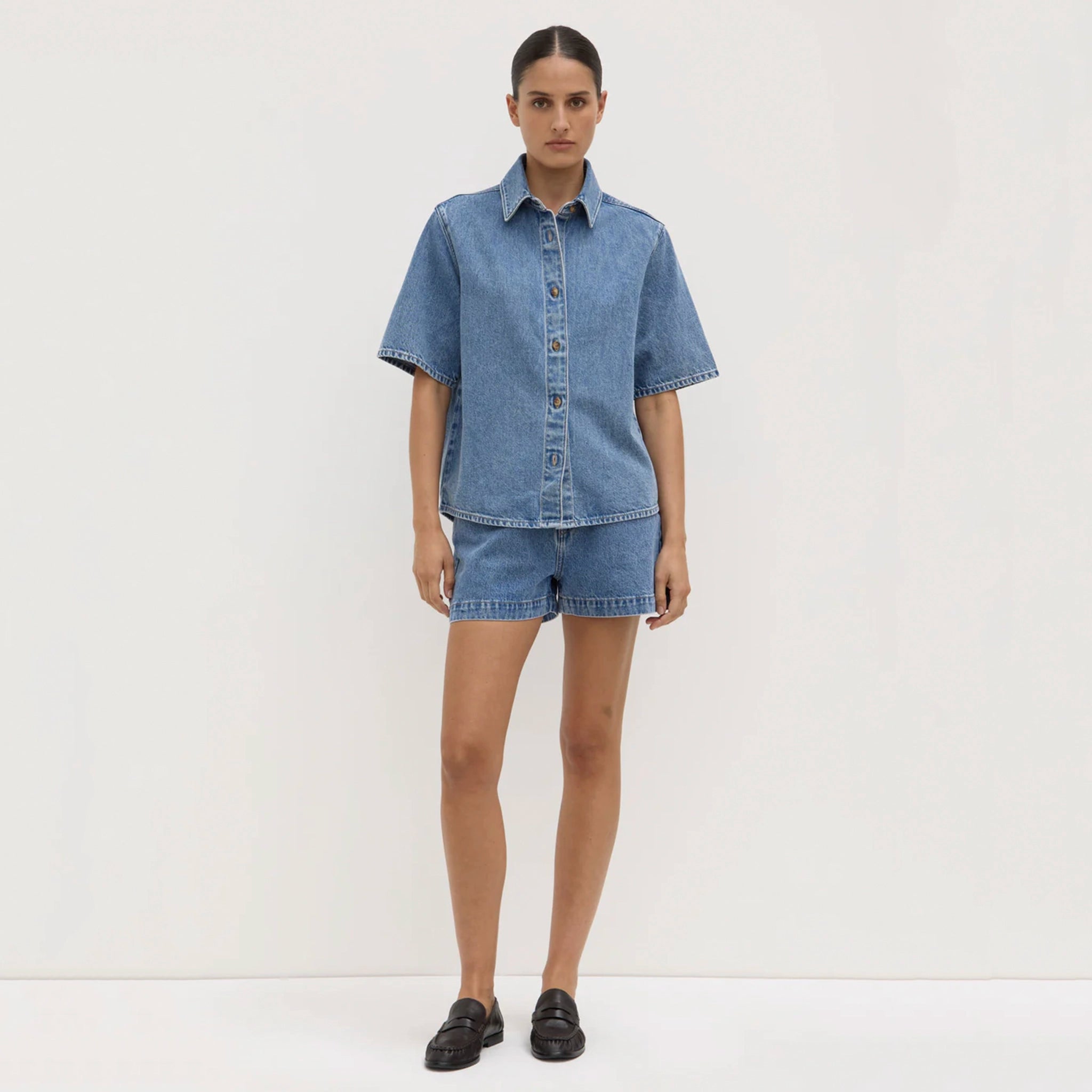 Assembly Label Boxy Denim Short Sleeve Shirt - Dark Stone